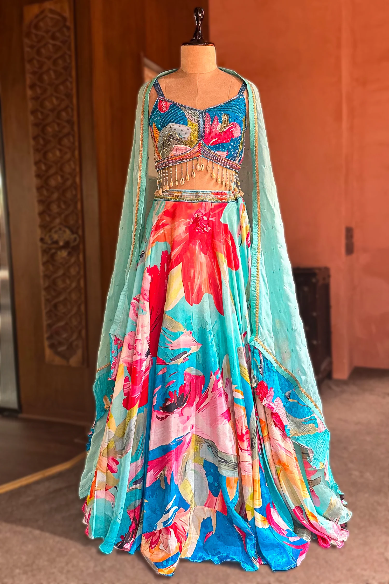 Turquoise Blue Crepe Silk Printed Lehenga with Shell Detailing - Image 3