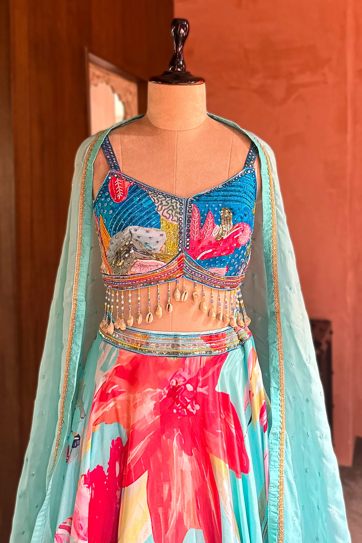 Turquoise Blue Crepe Silk Printed Lehenga with Shell Detailing - Image 4