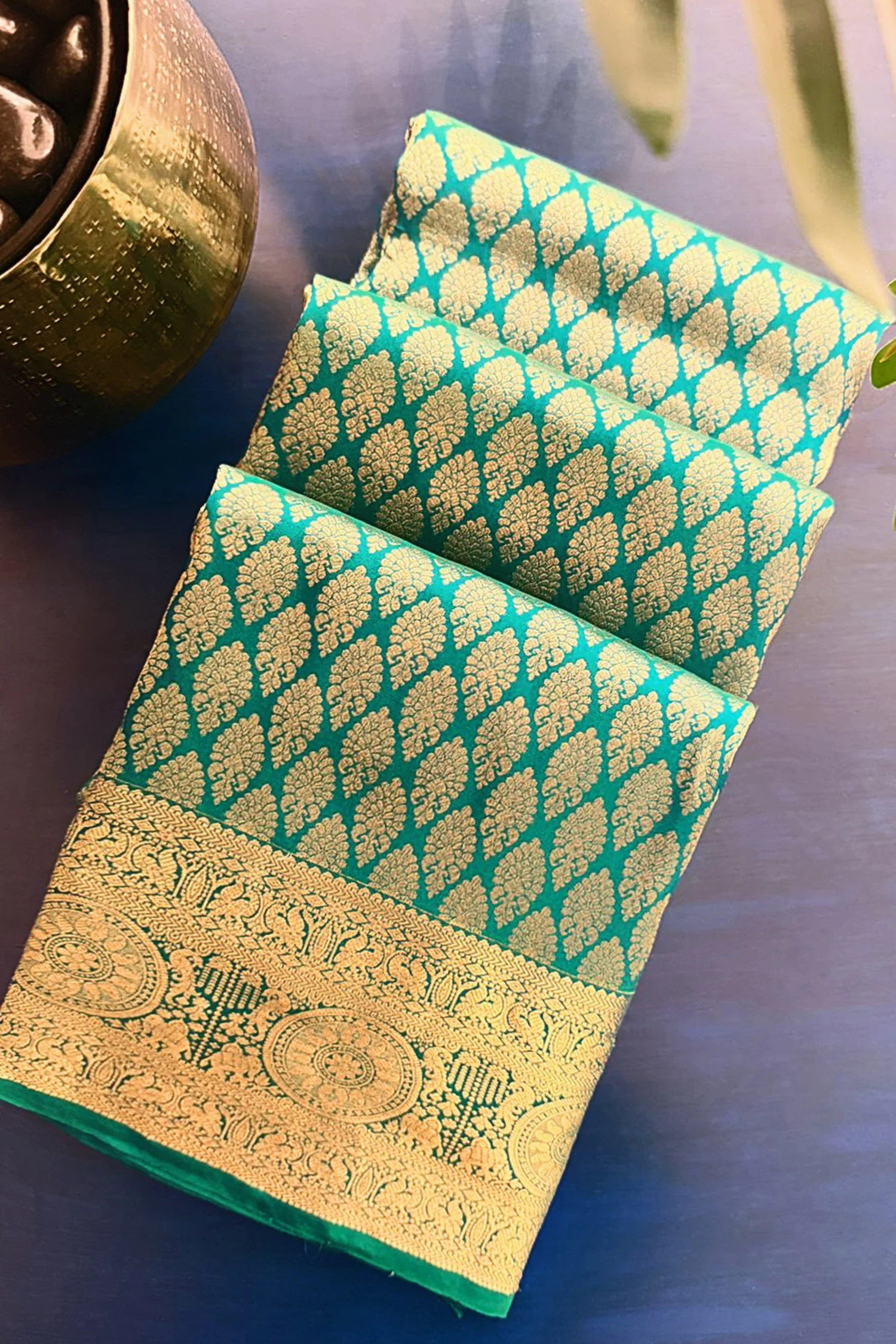 Turquoise Blue Kanchipuram Tissue Silk All Over Woven Saree with Green Highlight - Image 2