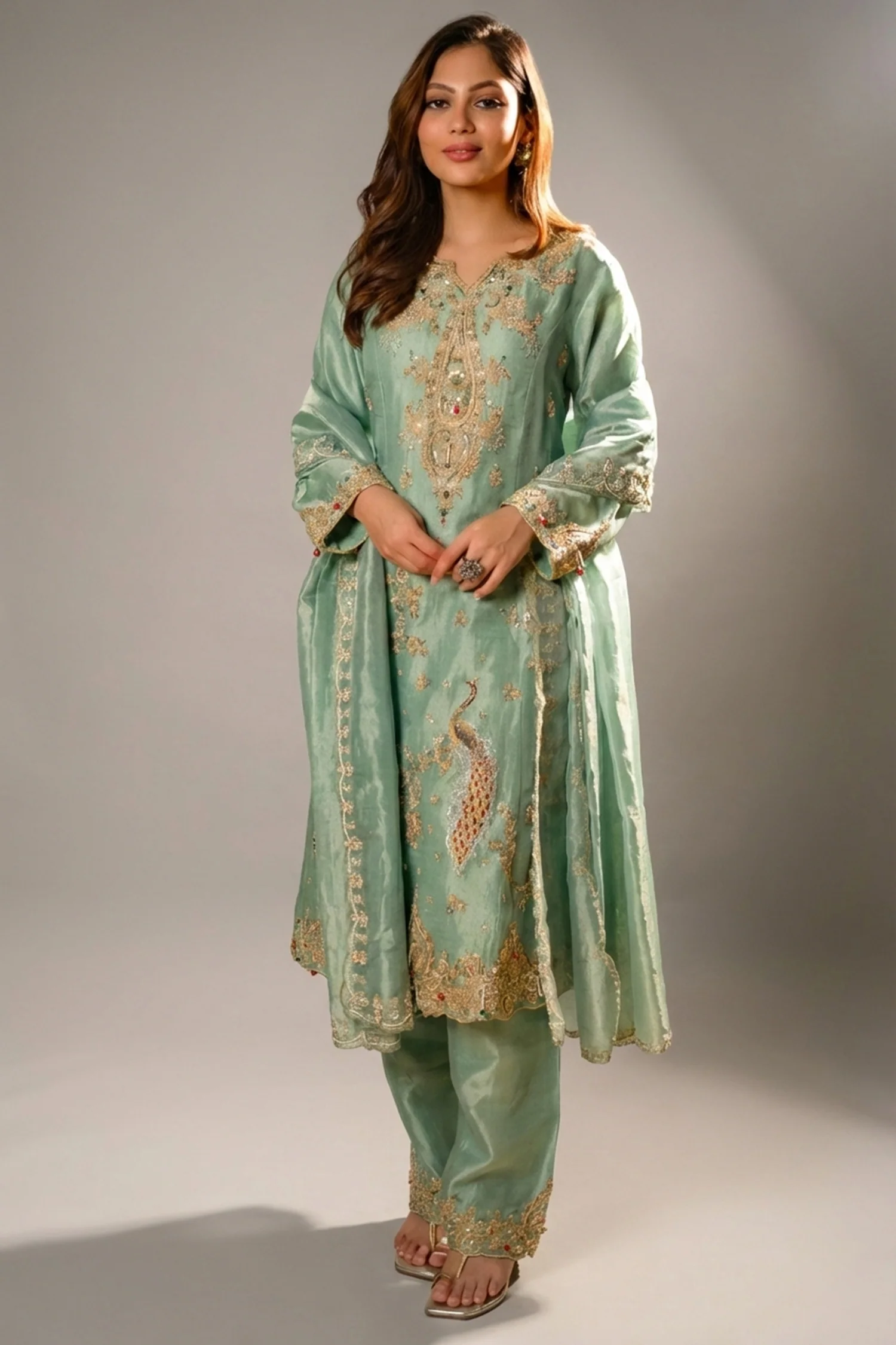 Turquoise Blue Organza Designer Handworked Suit