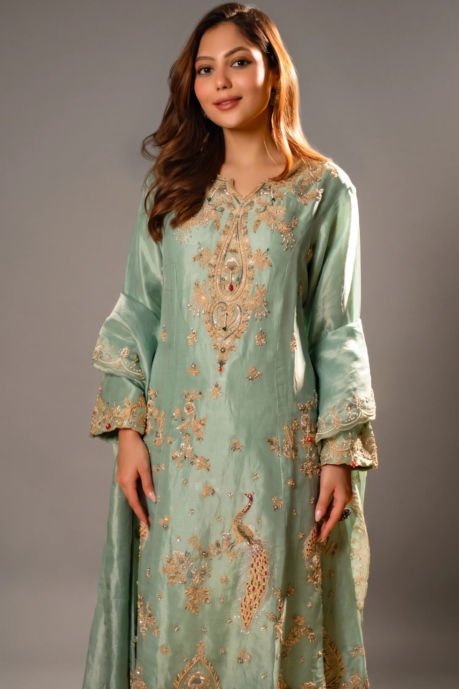 Turquoise Blue Organza Designer Handworked Suit - Image 2