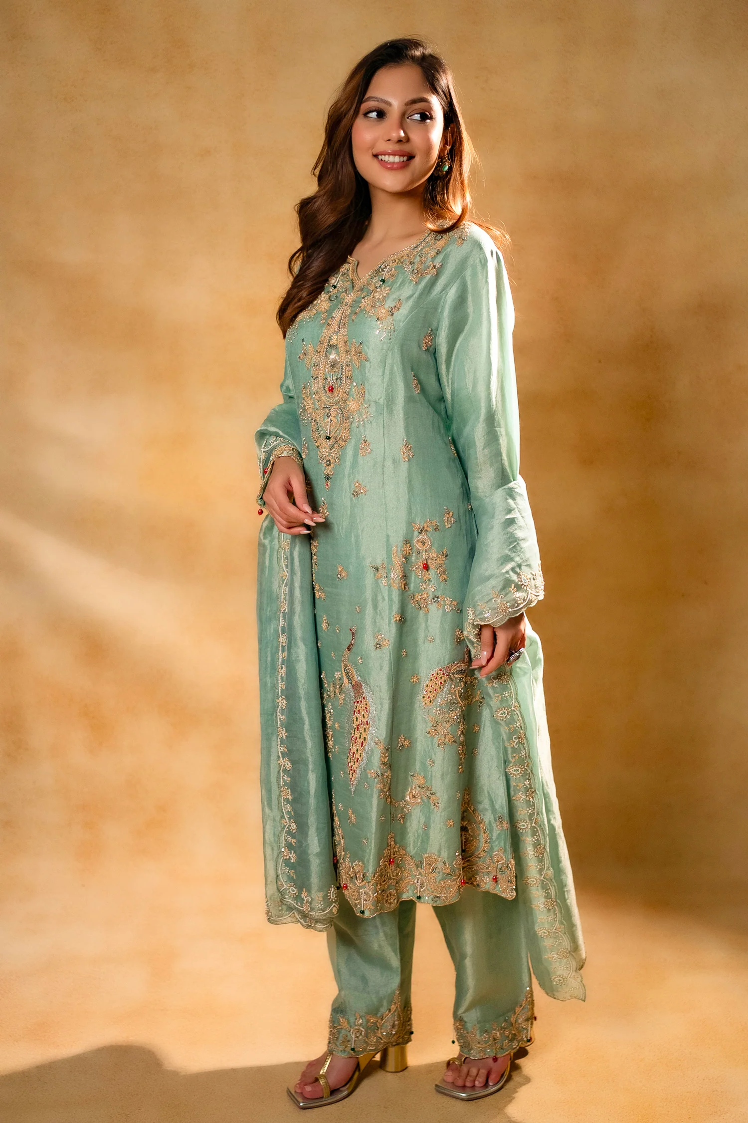 Turquoise Blue Organza Designer Handworked Suit - Image 3