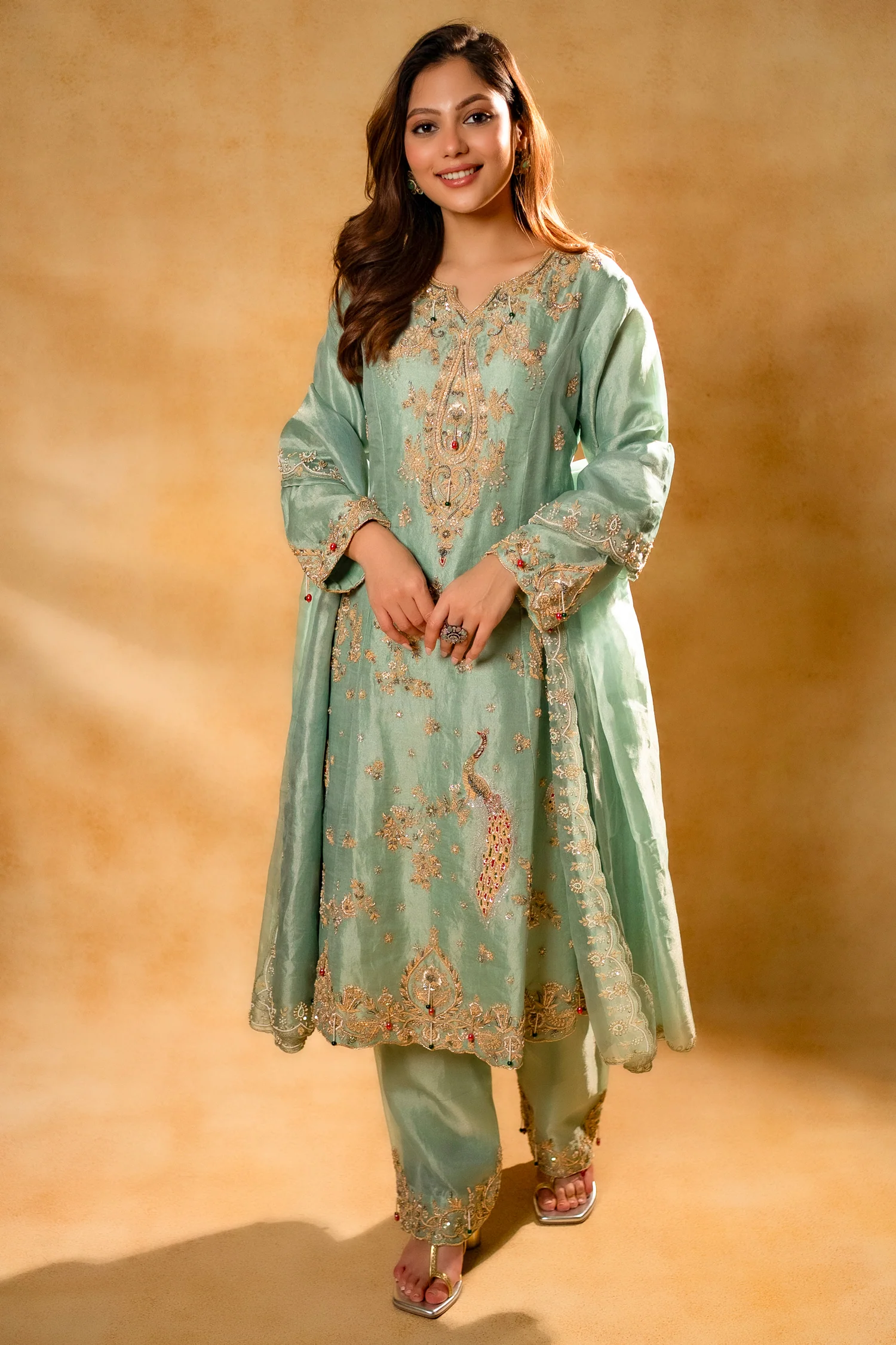 Turquoise Blue Organza Designer Handworked Suit - Image 4