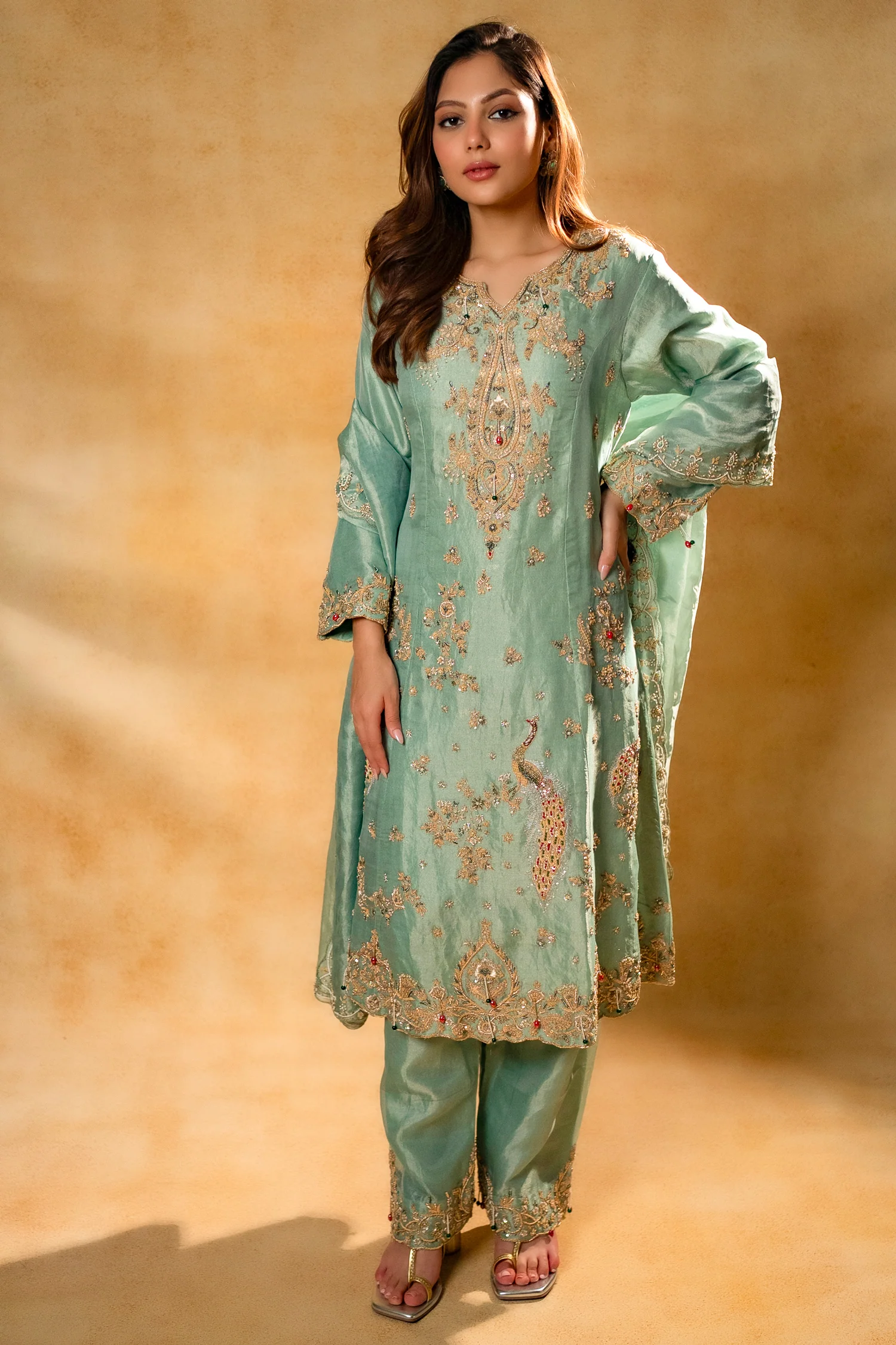 Turquoise Blue Organza Designer Handworked Suit - Image 5