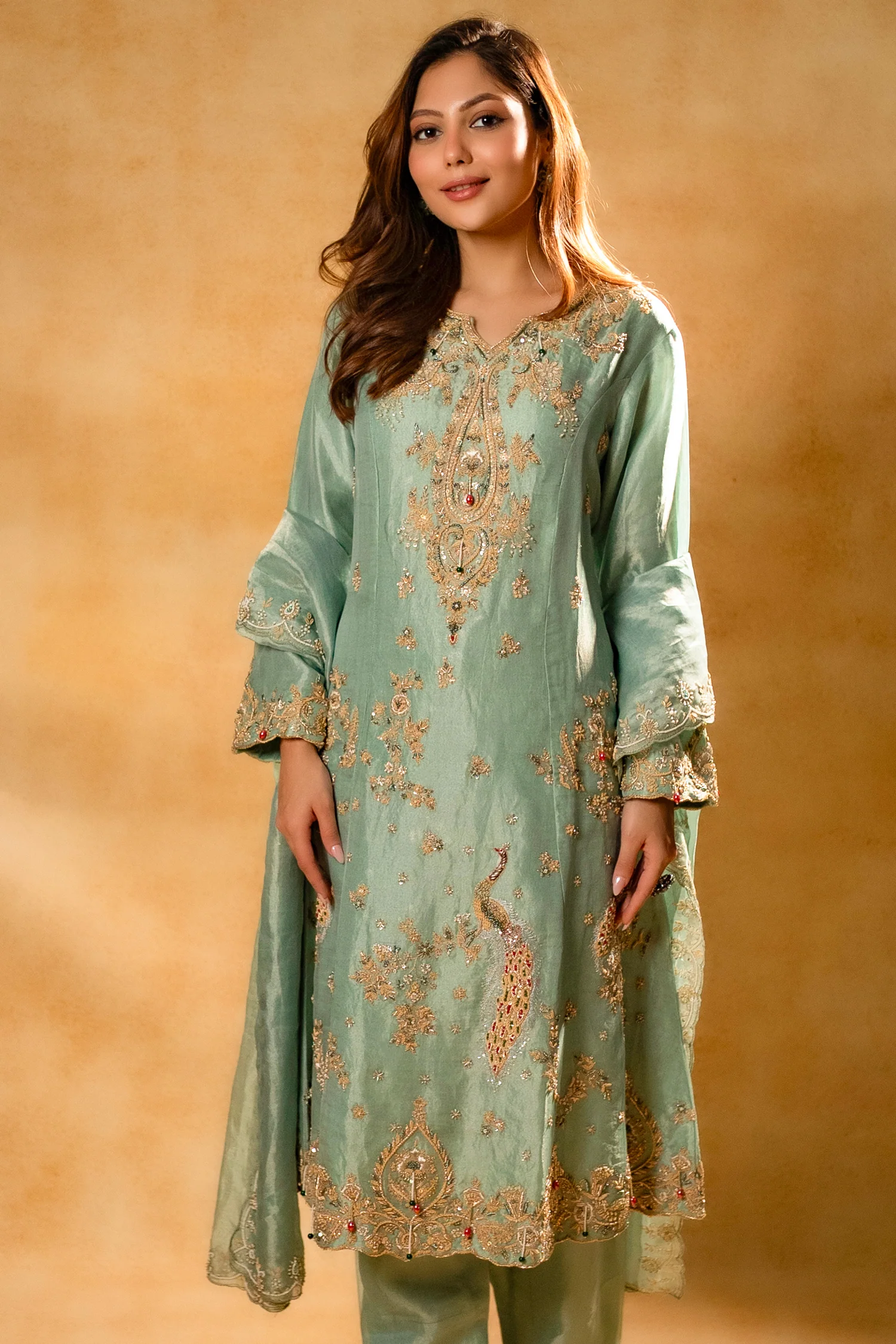 Turquoise Blue Organza Designer Handworked Suit - Image 6
