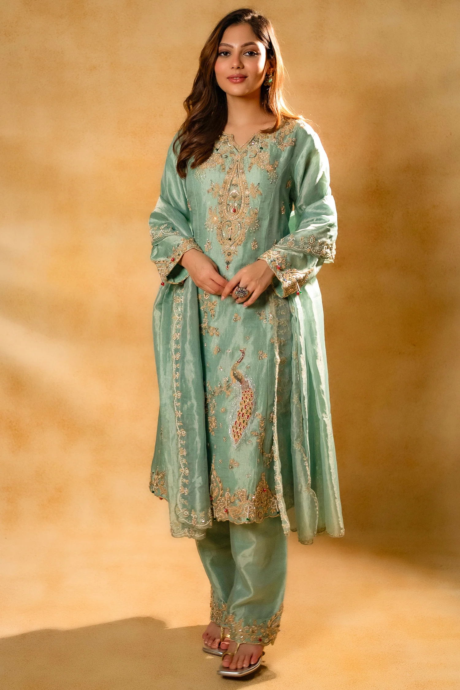 Turquoise Blue Organza Designer Handworked Suit - Image 7