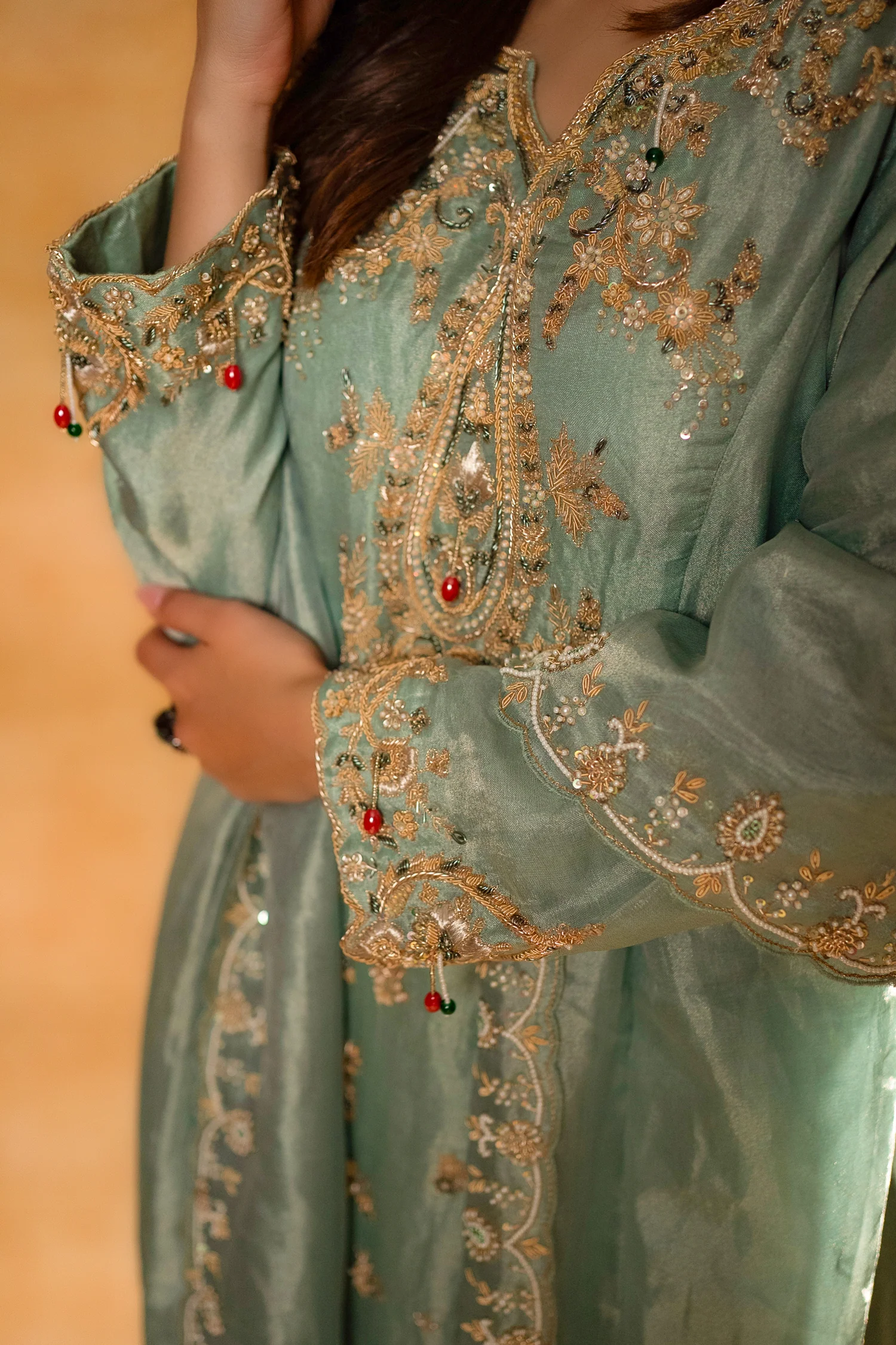 Turquoise Blue Organza Designer Handworked Suit - Image 8