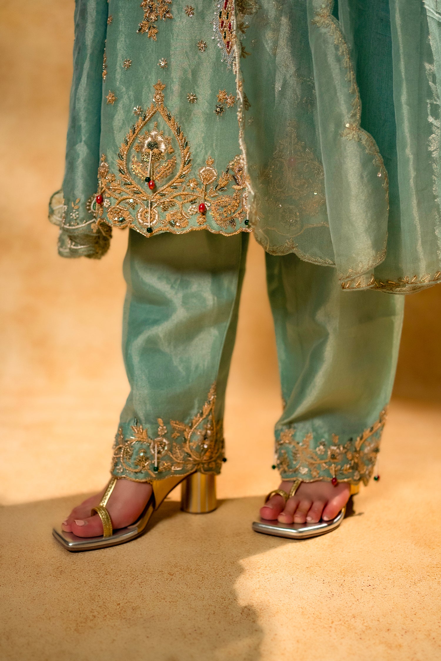 Turquoise Blue Organza Designer Handworked Suit - Image 9