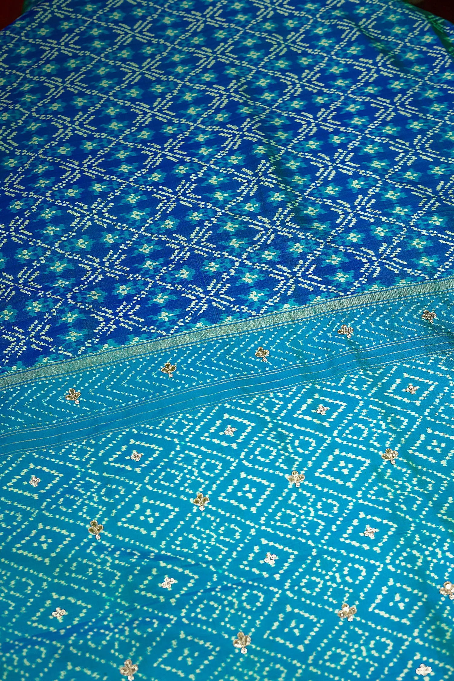 Turquoise Blue Silk Patola Saree with Zardosi Sequin Worked Scallop Border - Image 6