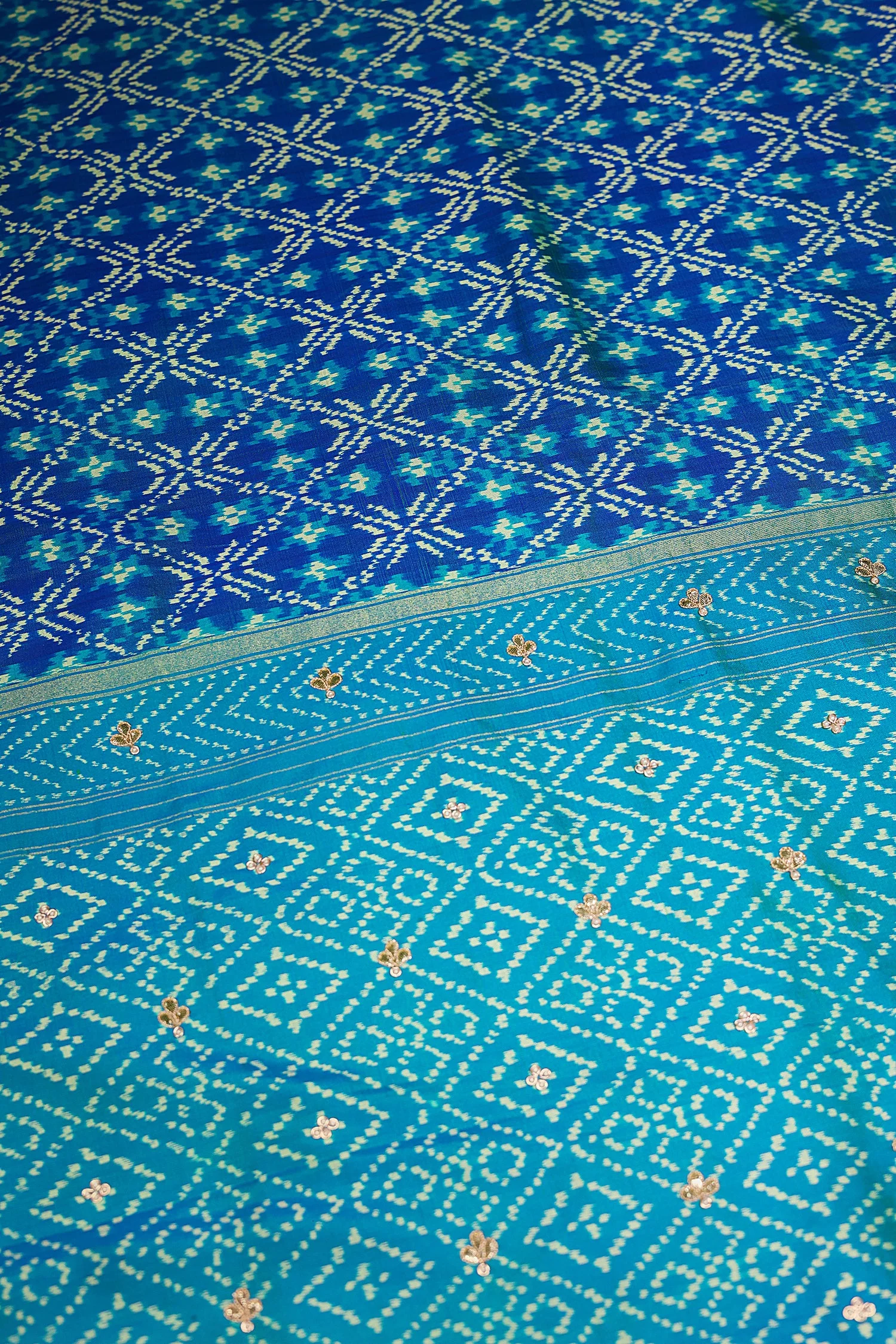 Turquoise Blue Silk Patola Saree with Zardosi Sequin Worked Scallop Border - Image 7