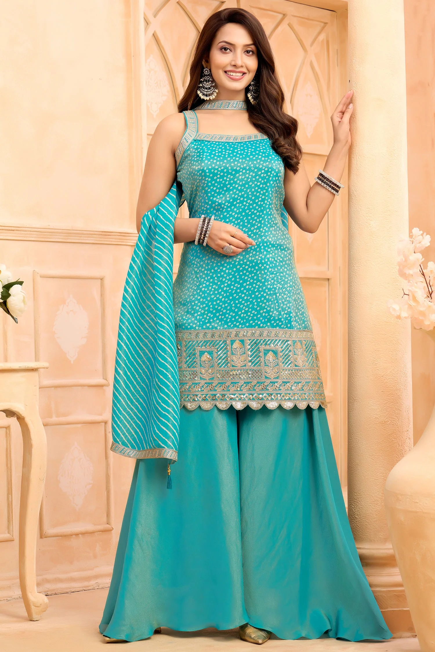 Turquoise Blue Tissue Printed Palazzo Suit - Image 3