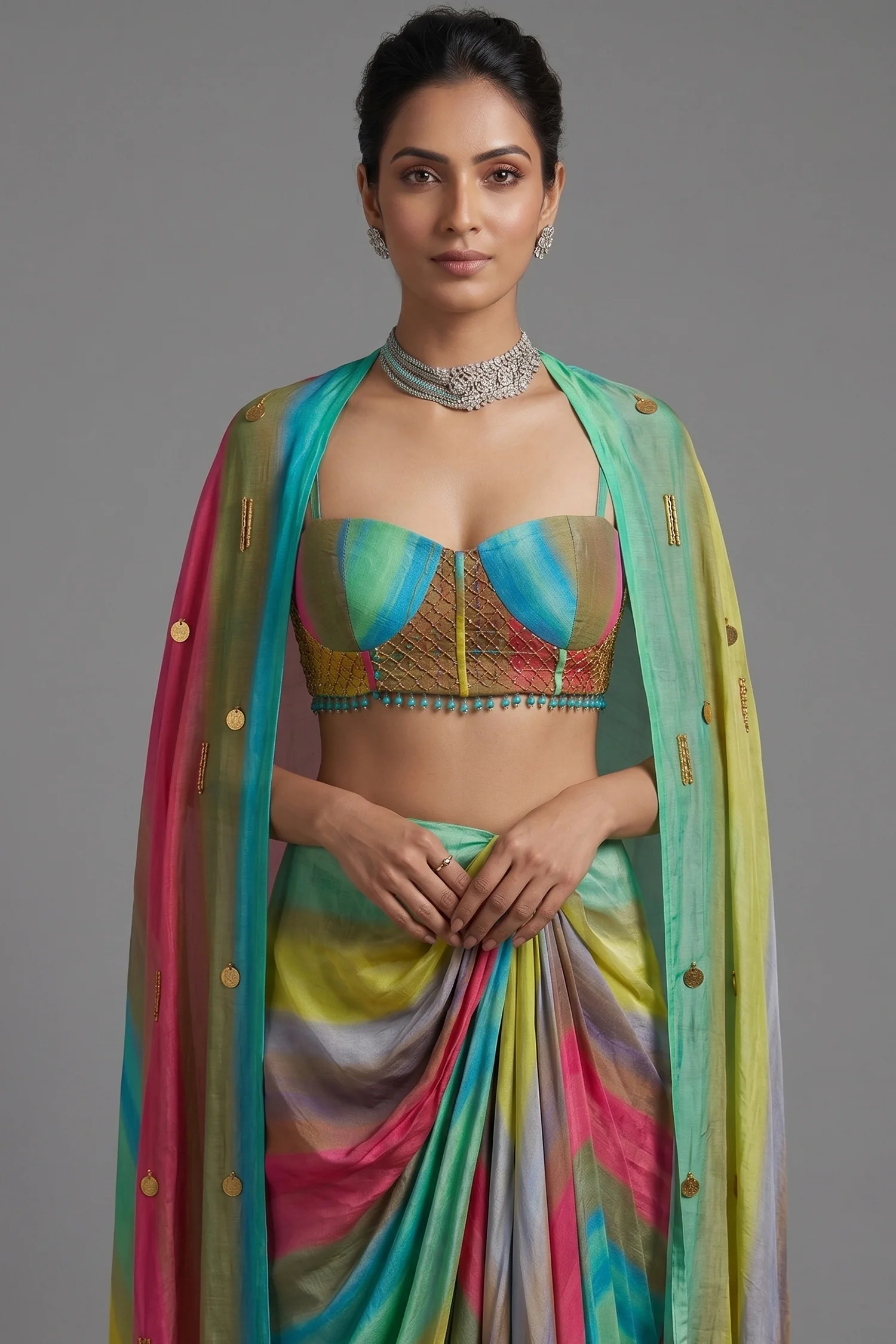 Veridian Crepe Satin Silk Cape Set - Image 2
