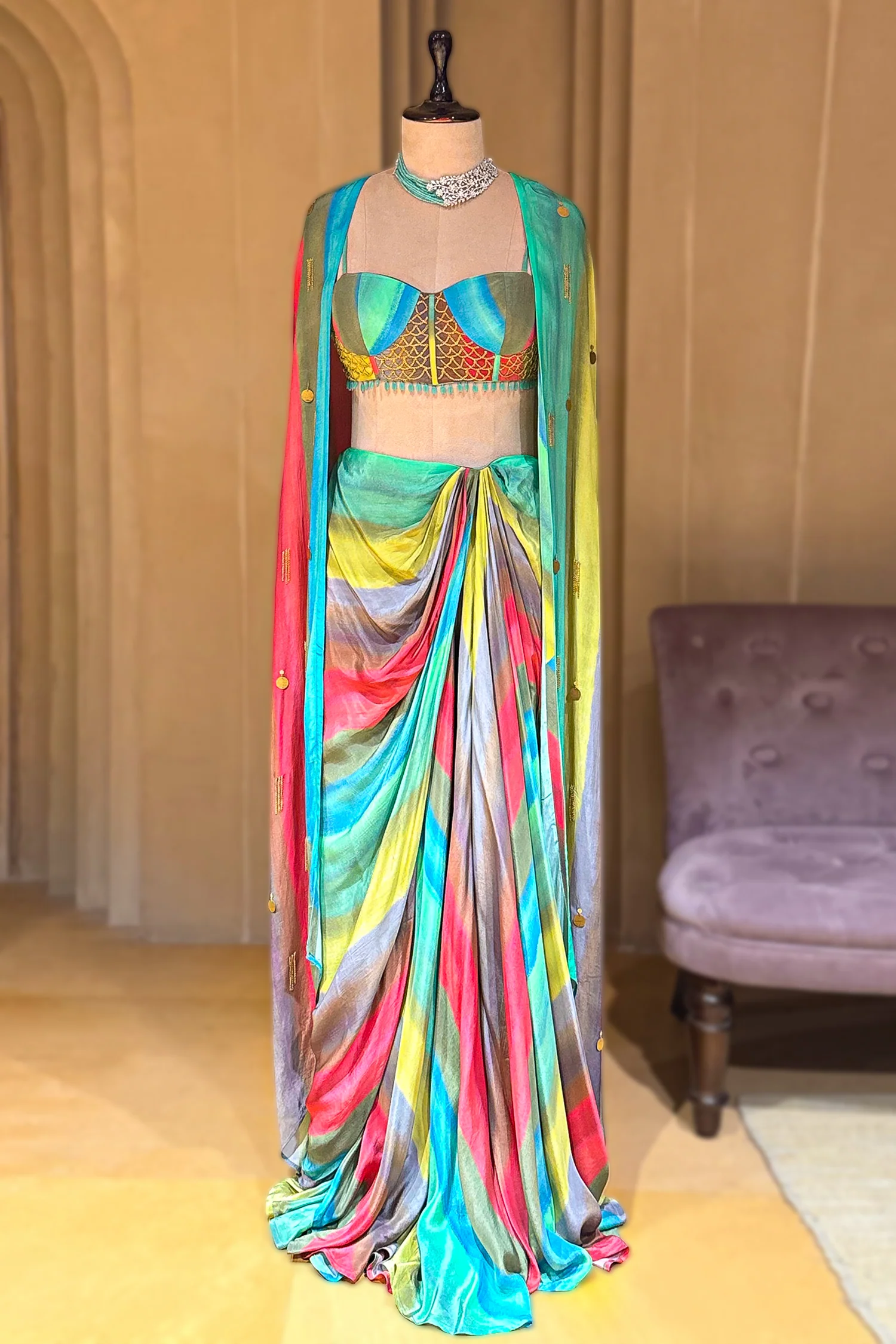Veridian Crepe Satin Silk Cape Set - Image 3
