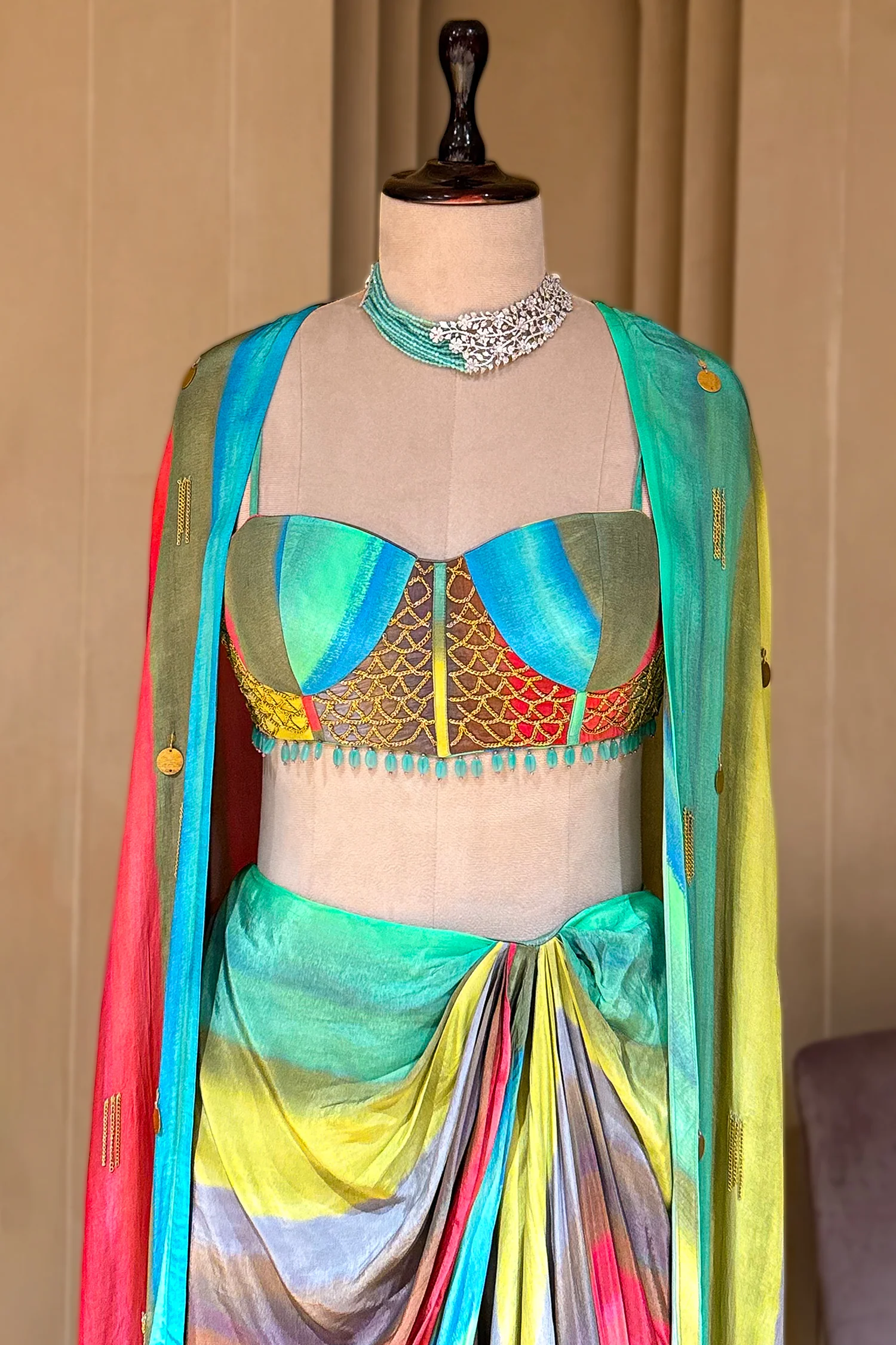 Veridian Crepe Satin Silk Cape Set - Image 4