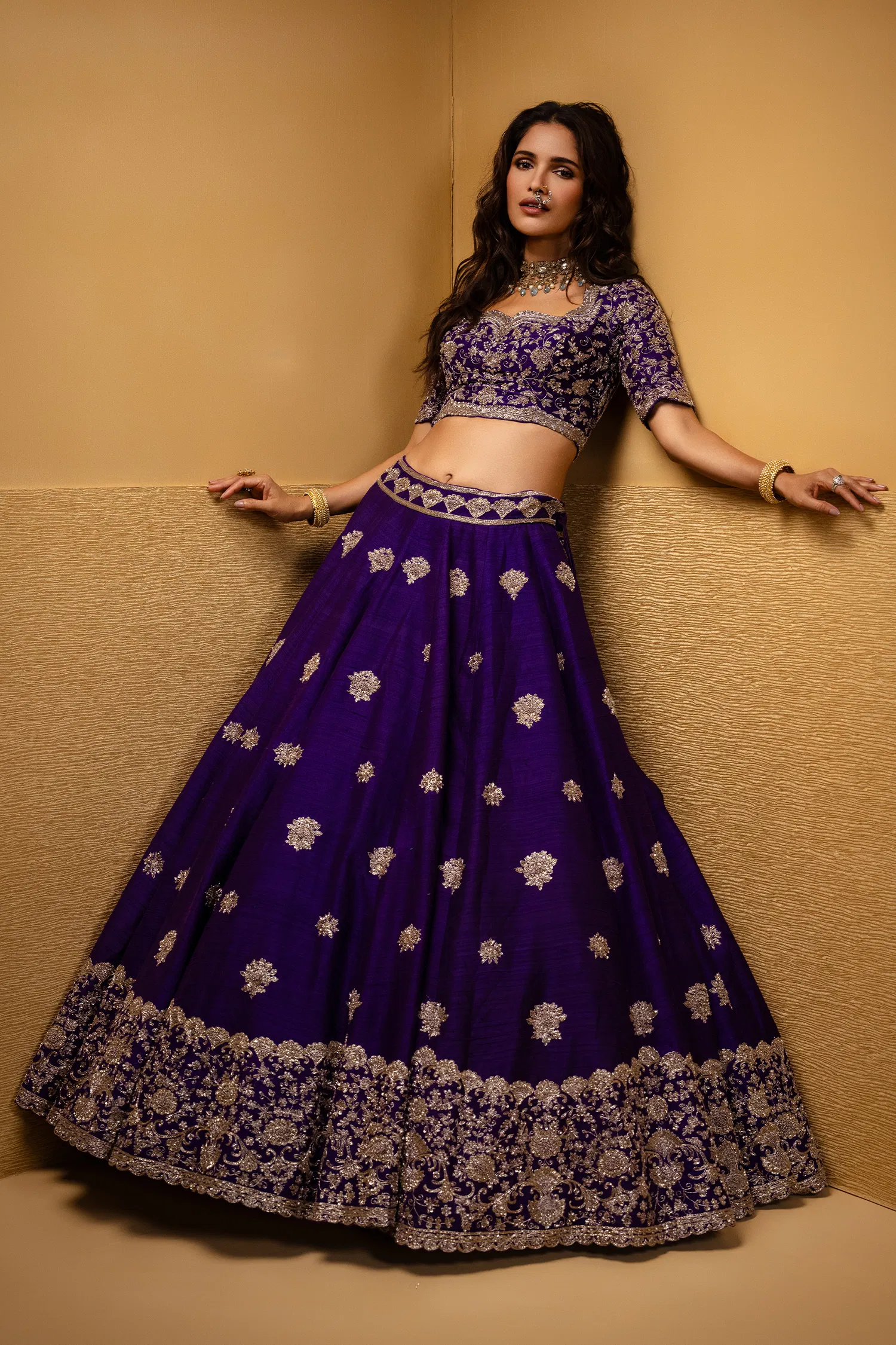 Violet Purple Raw Silk Heavy Designer Handworked Border Lehenga - Image 3