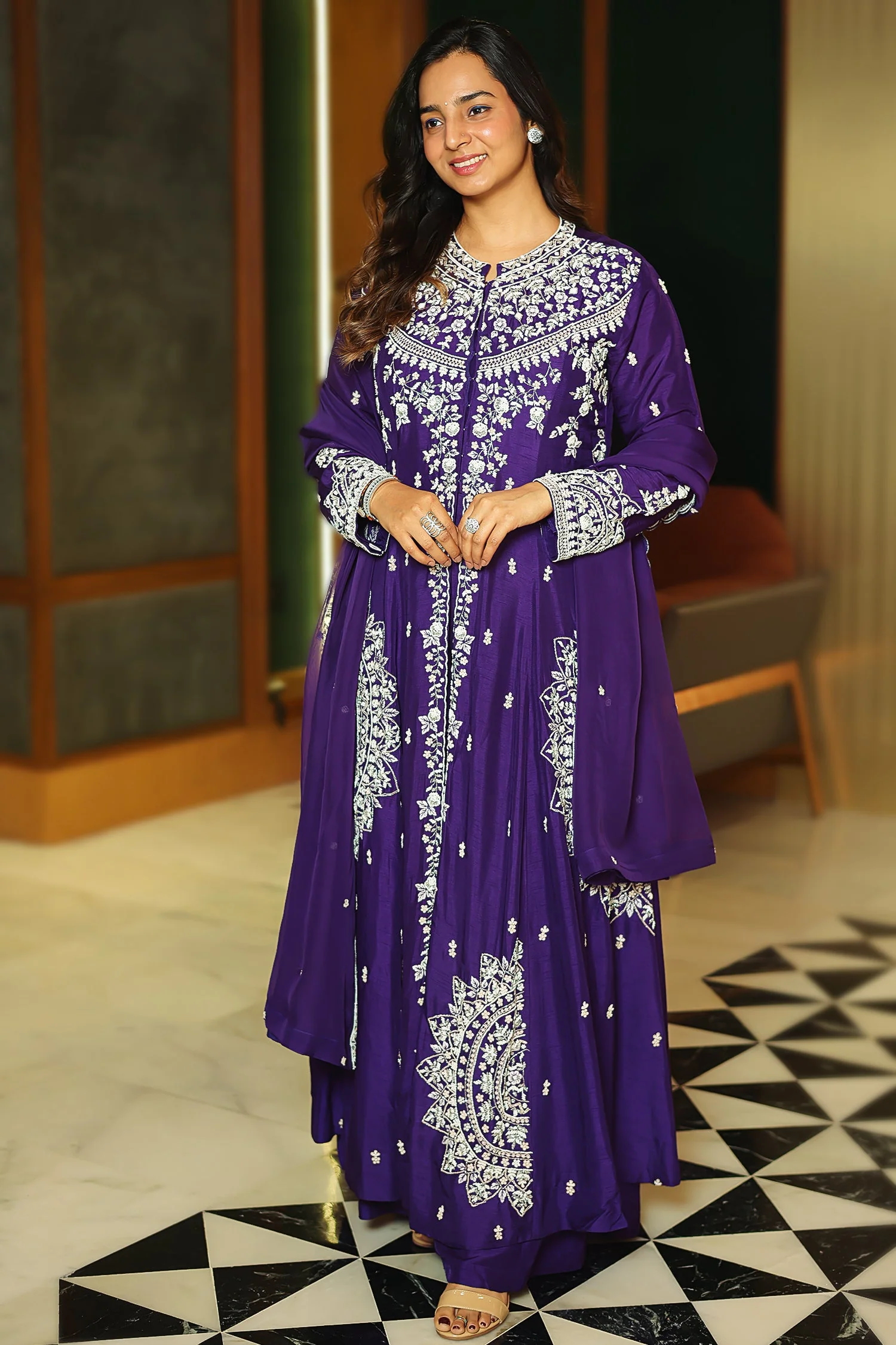 Violet Purple Raw Silk High Slit Cut Beaded Palazzo Suit - Image 3