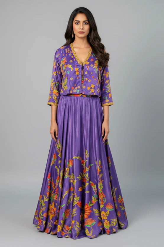 Violet Purple Satin Silk Printed Co-Ord Set with Sequin and Cutdana Work