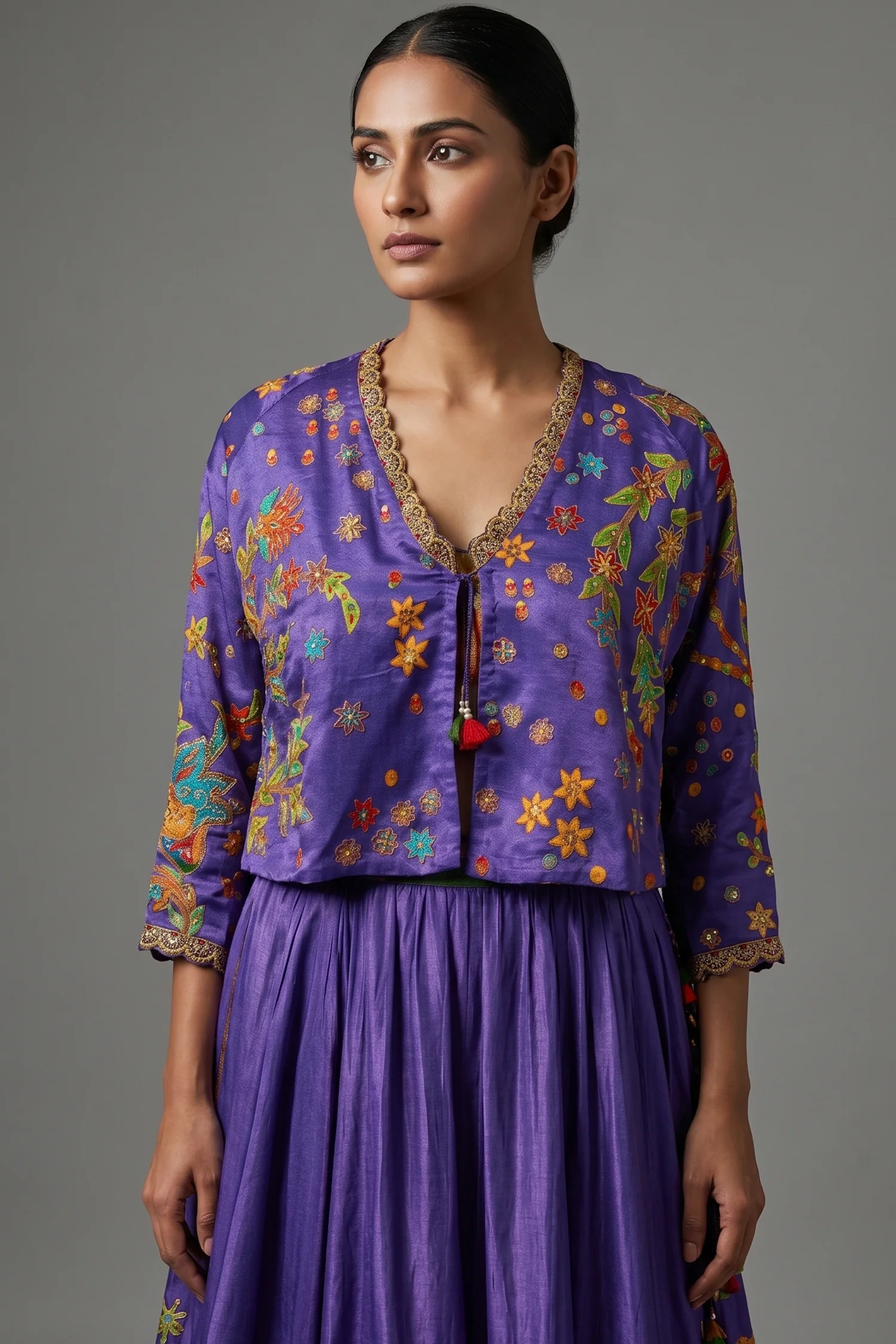 Violet Purple Satin Silk Printed Co-Ord Set with Sequin and Cutdana Work - Image 2