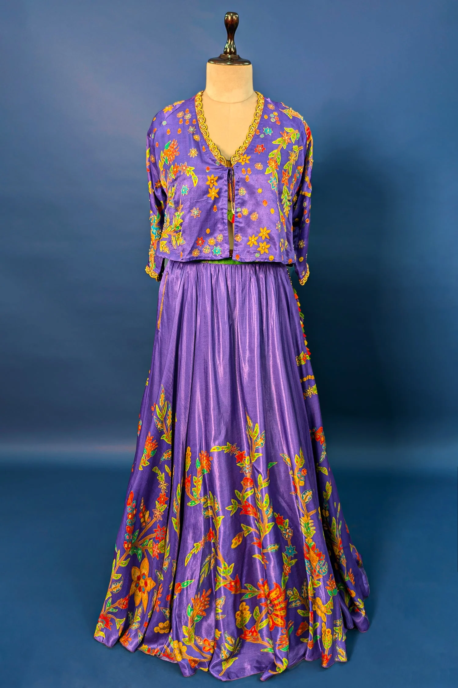 Violet Purple Satin Silk Printed Co-Ord Set with Sequin and Cutdana Work - Image 3