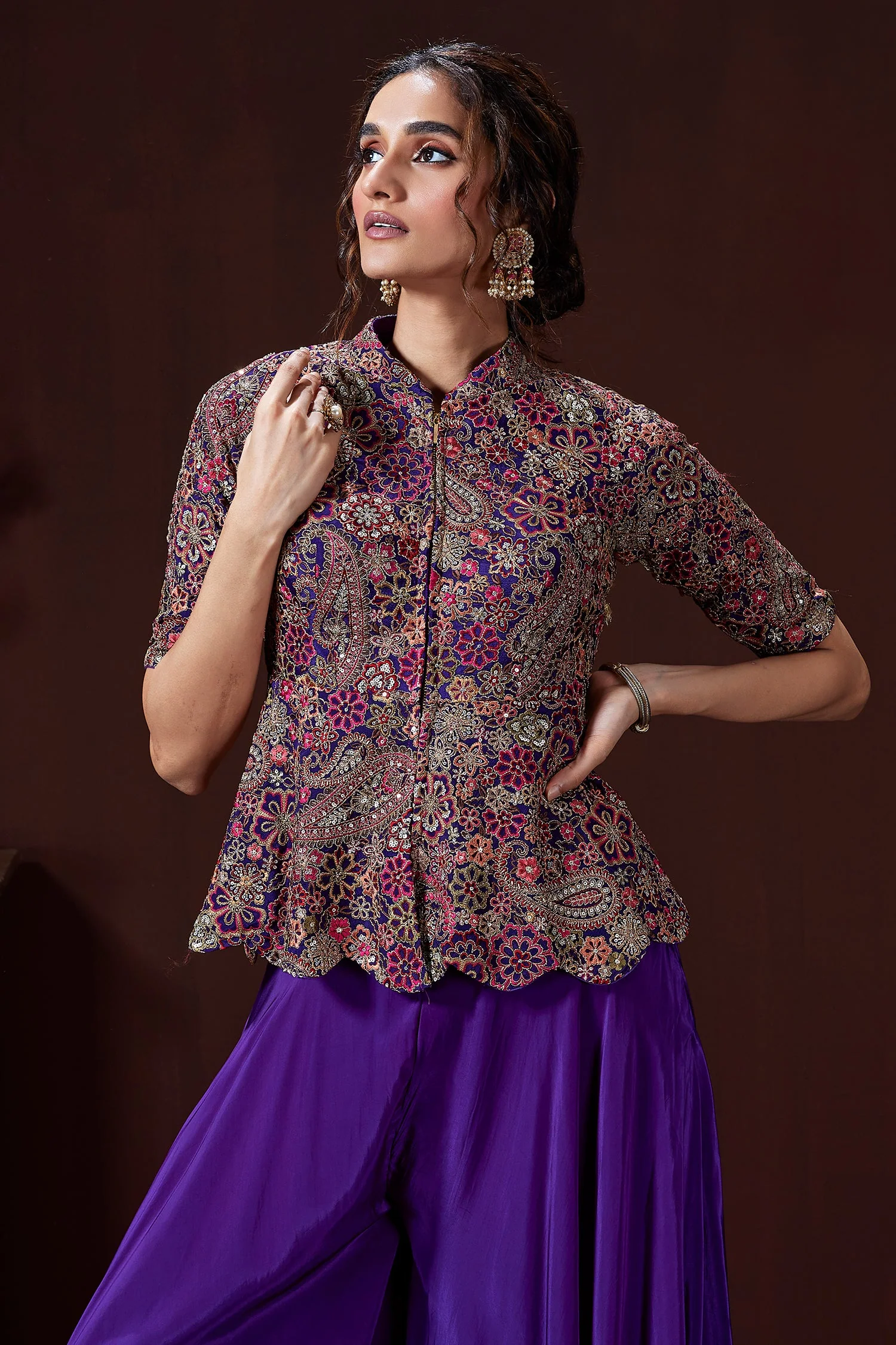 Violet Purple Silk Sequin Embroidery Peplum Top and Palazzo Set - Image 3