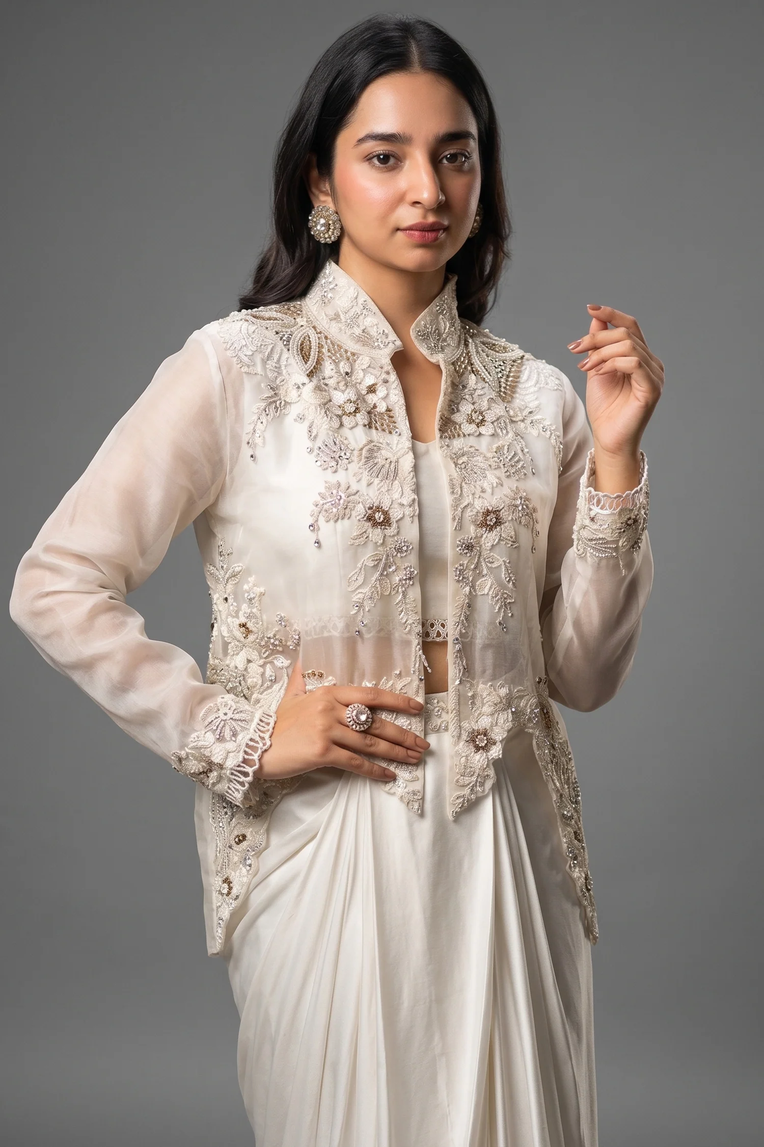 White Raw Silk Designer Heavy Worked Crop Top Jacket with Pleated Dhoti Skirt - Image 2
