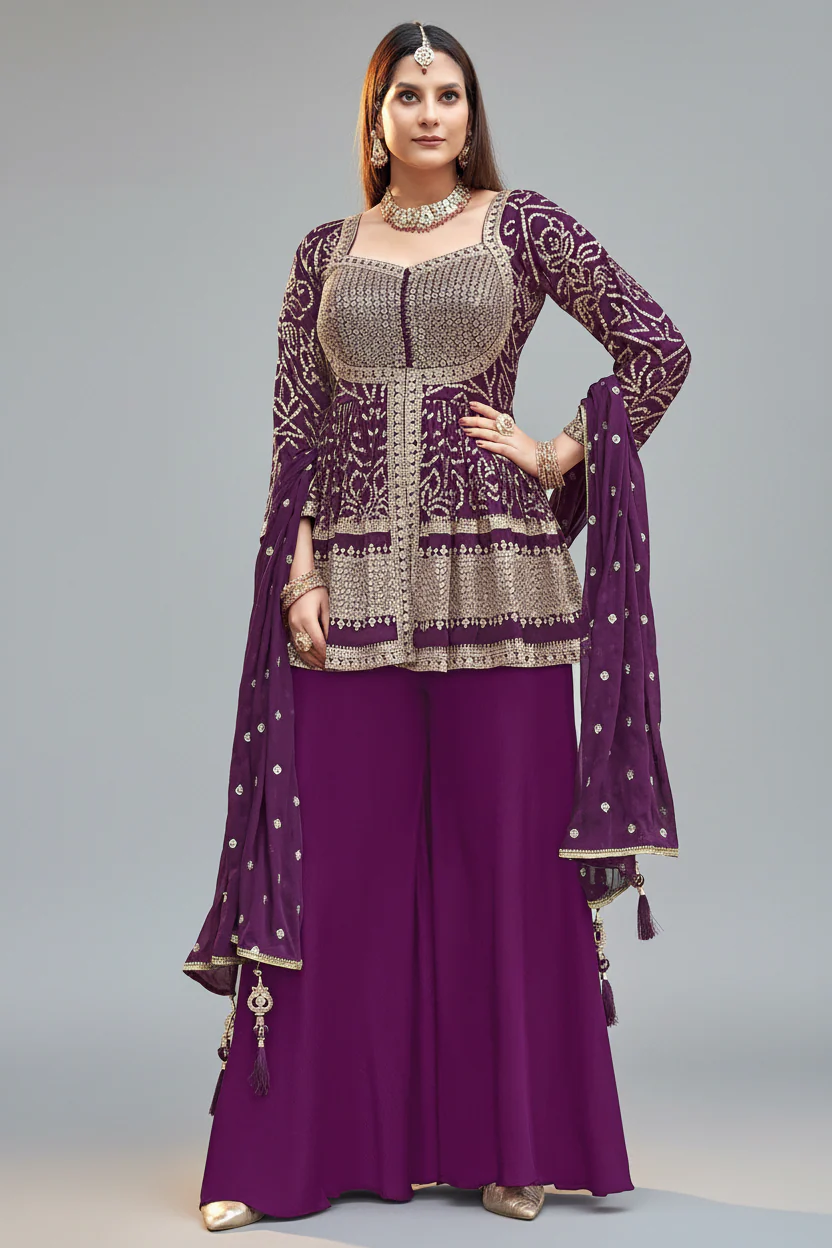 Wine Purple Art Silk Sequin Embroidered Peplum Style Palazzo Suit
