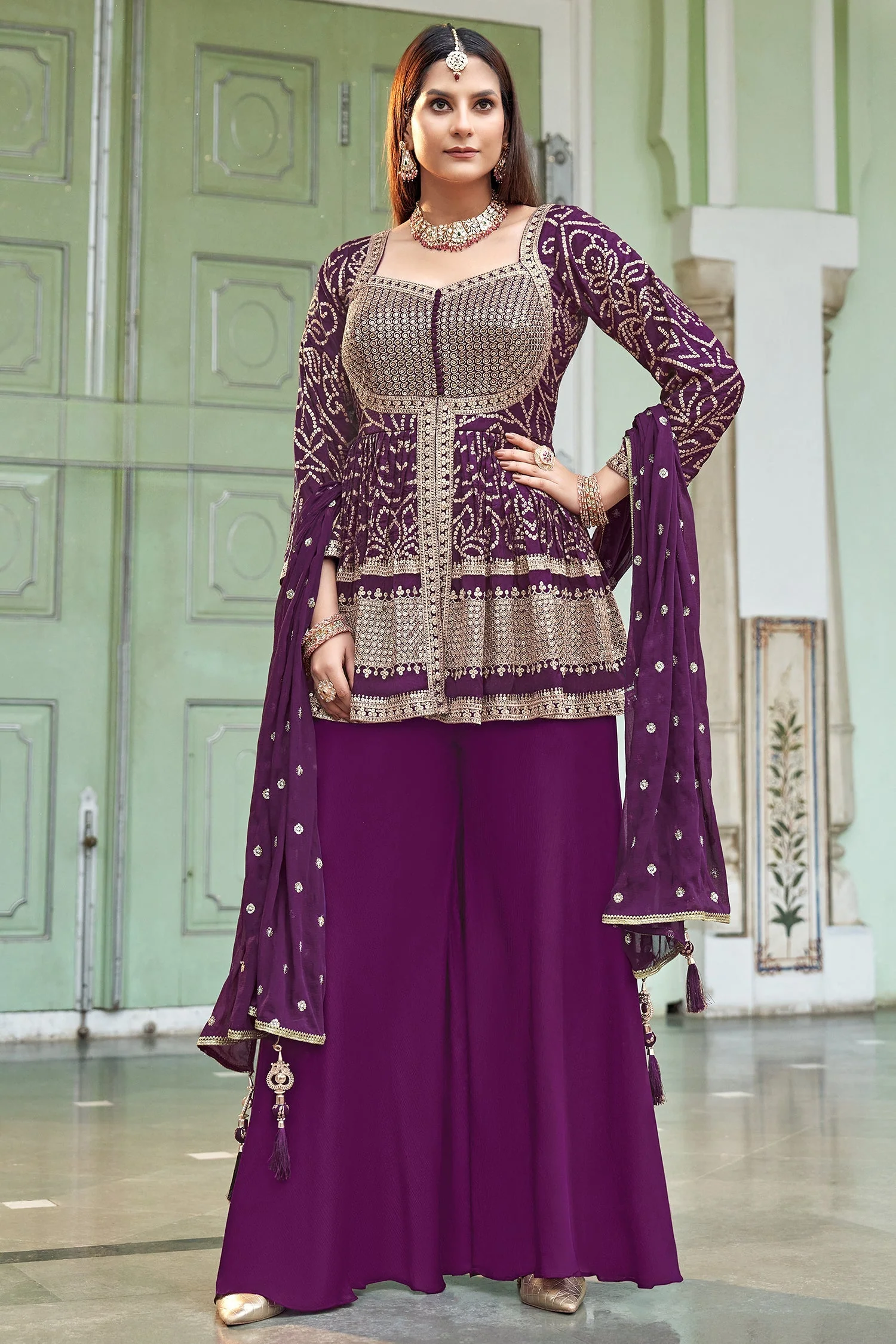 Wine Purple Art Silk Sequin Embroidered Peplum Style Palazzo Suit - Image 2