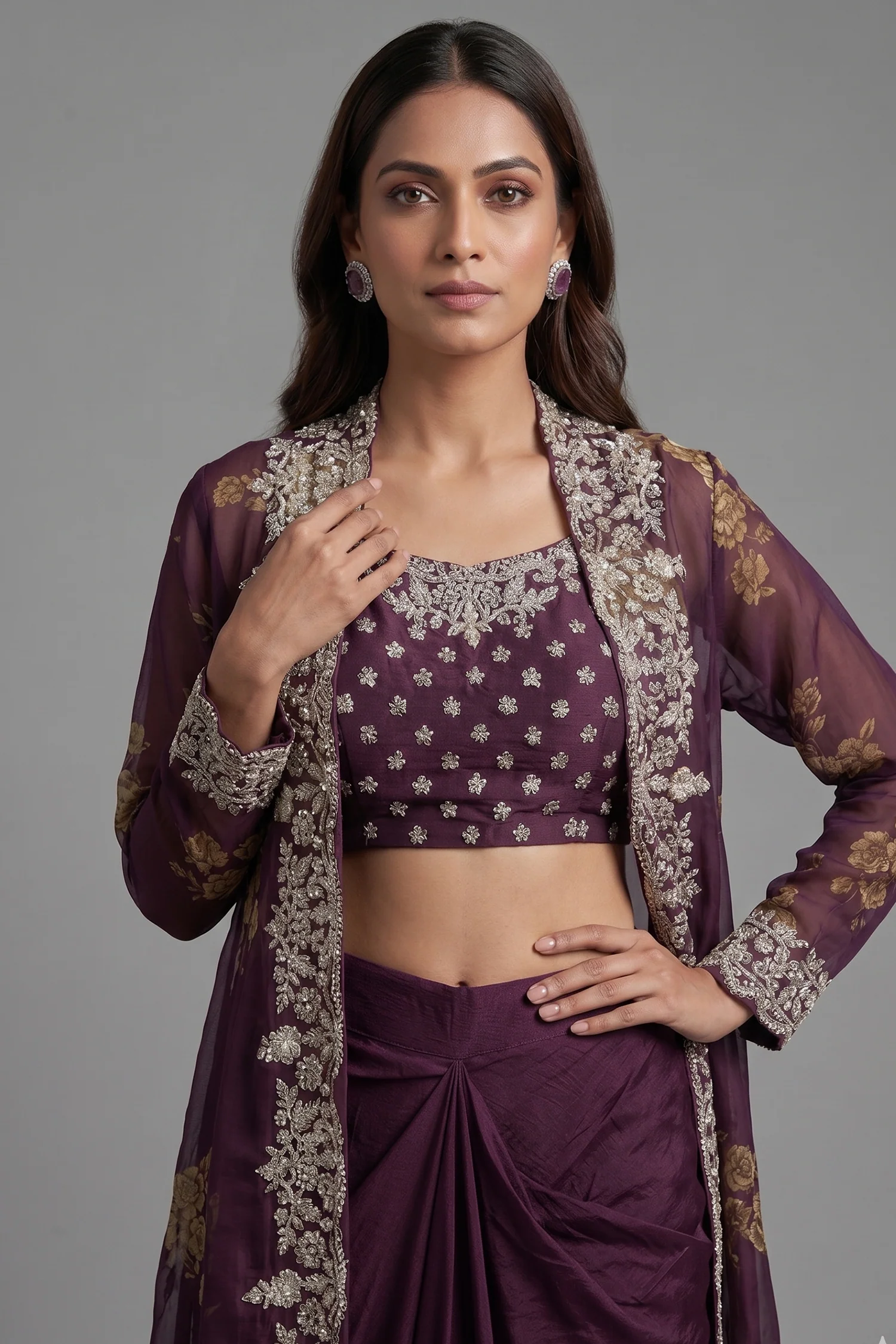 Wine Purple Chinon Chiffon Floral Printed Cape Set - Image 2