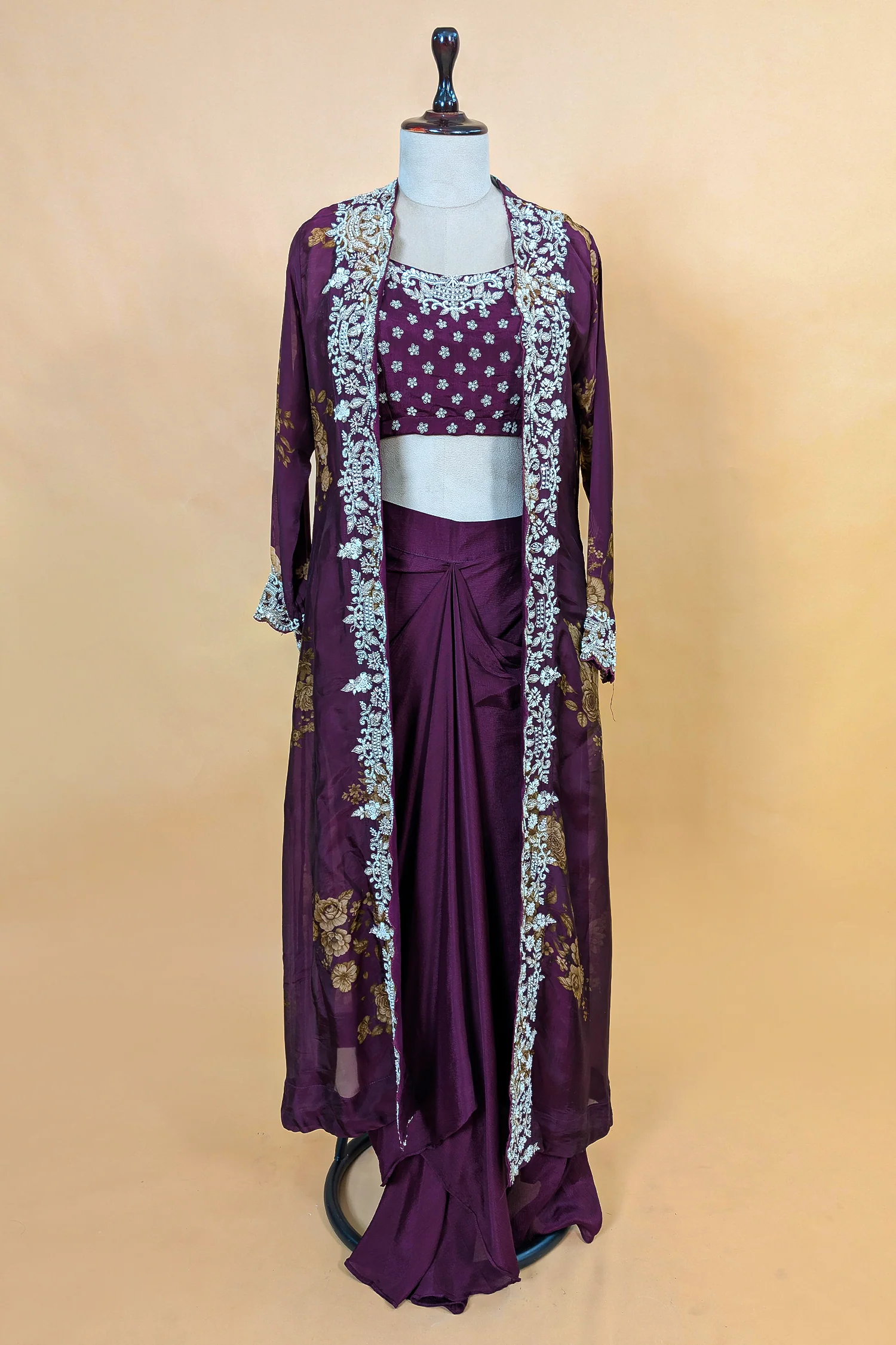 Wine Purple Chinon Chiffon Floral Printed Cape Set - Image 3