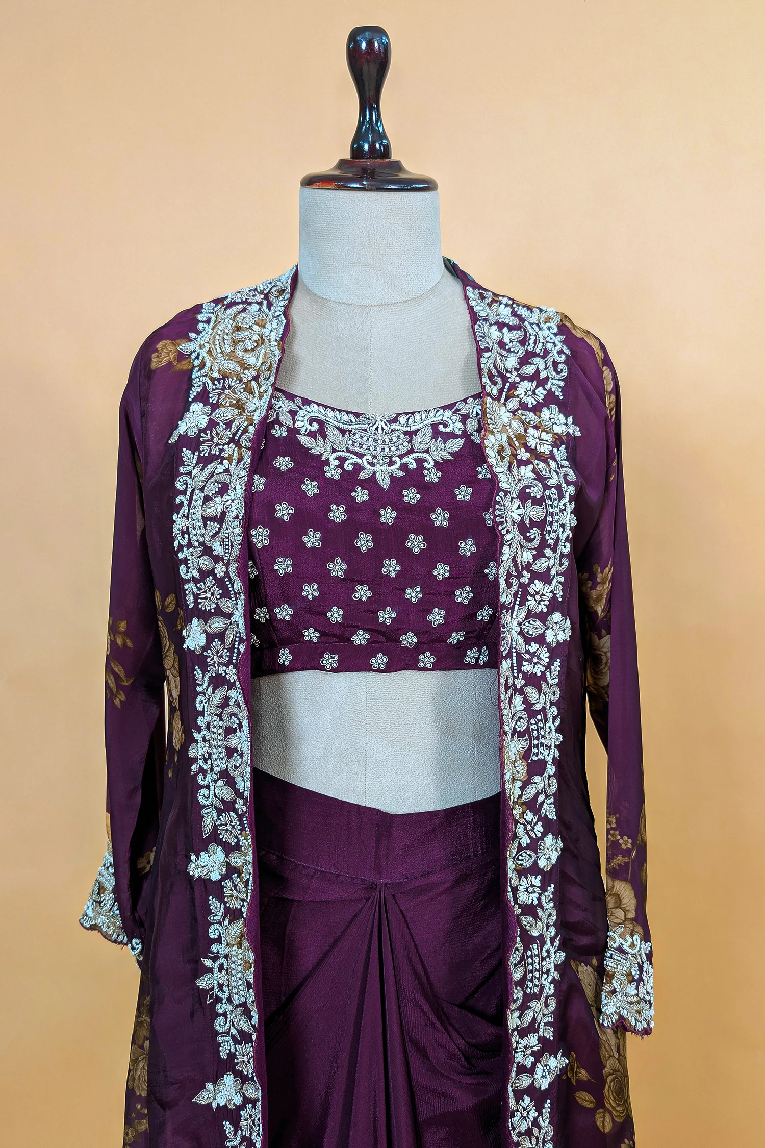 Wine Purple Chinon Chiffon Floral Printed Cape Set - Image 4