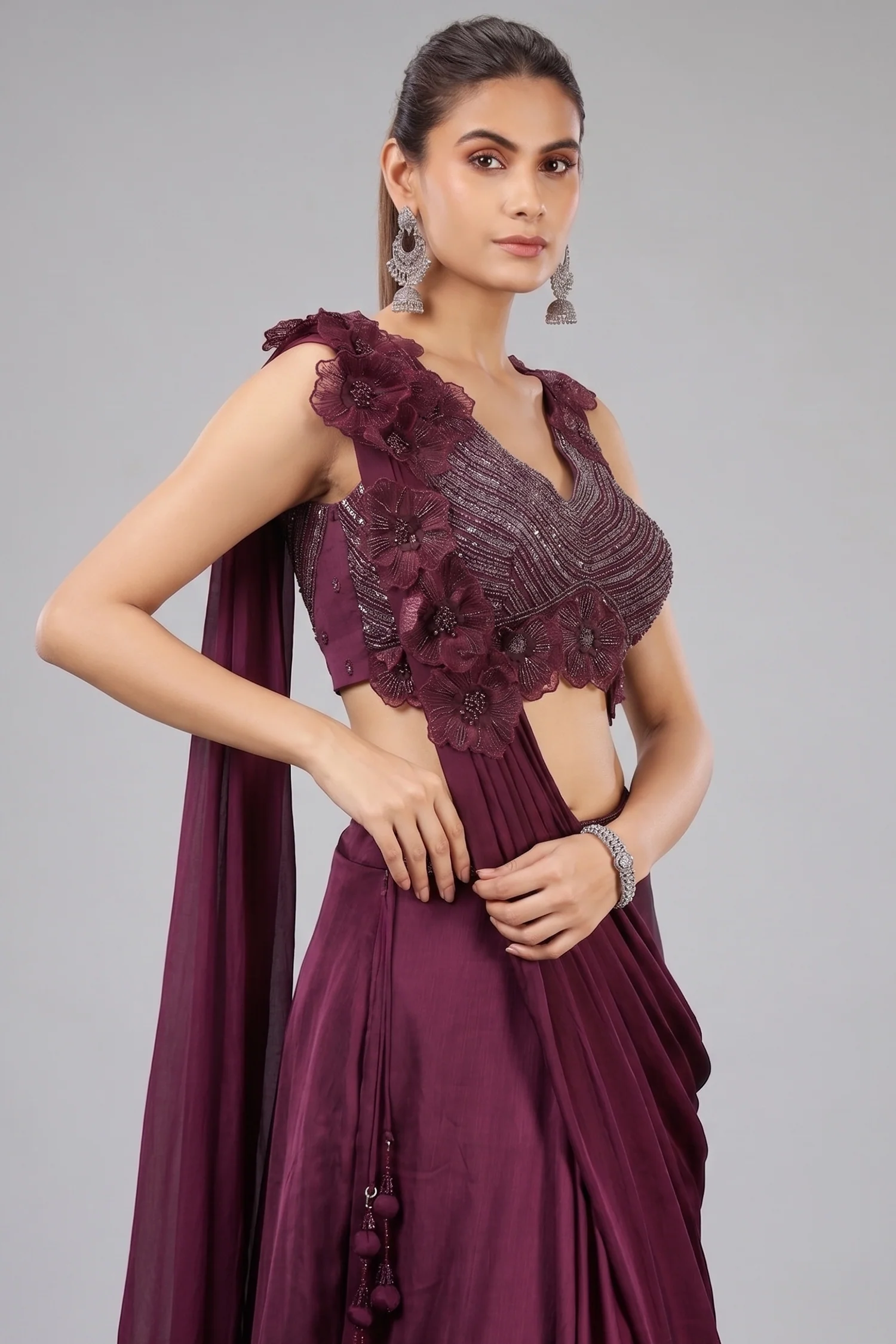 Wine Purple Chinon Lehenga with with Floral Patch Attached Dupatta - Image 2