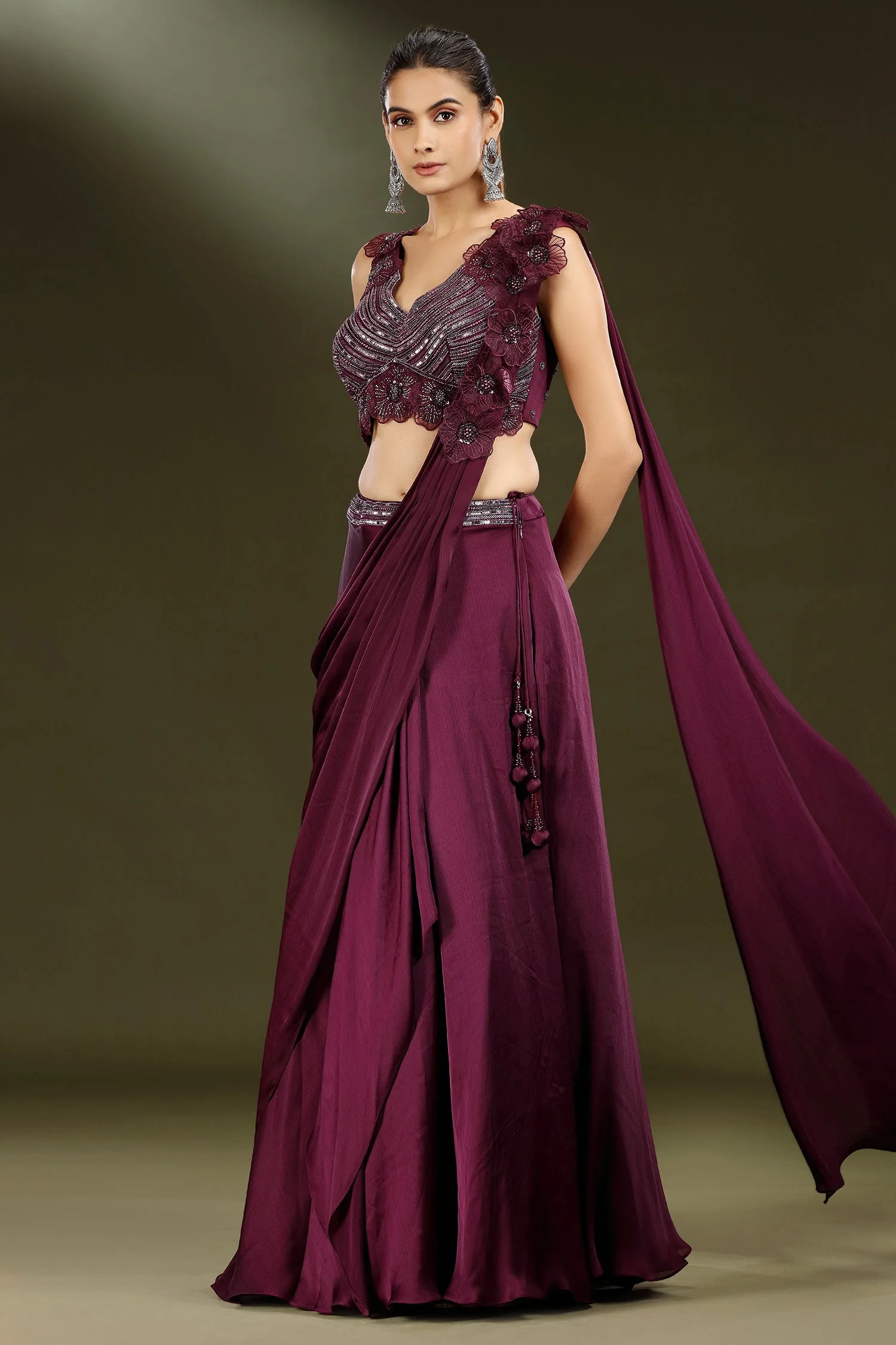 Wine Purple Chinon Lehenga with with Floral Patch Attached Dupatta - Image 3