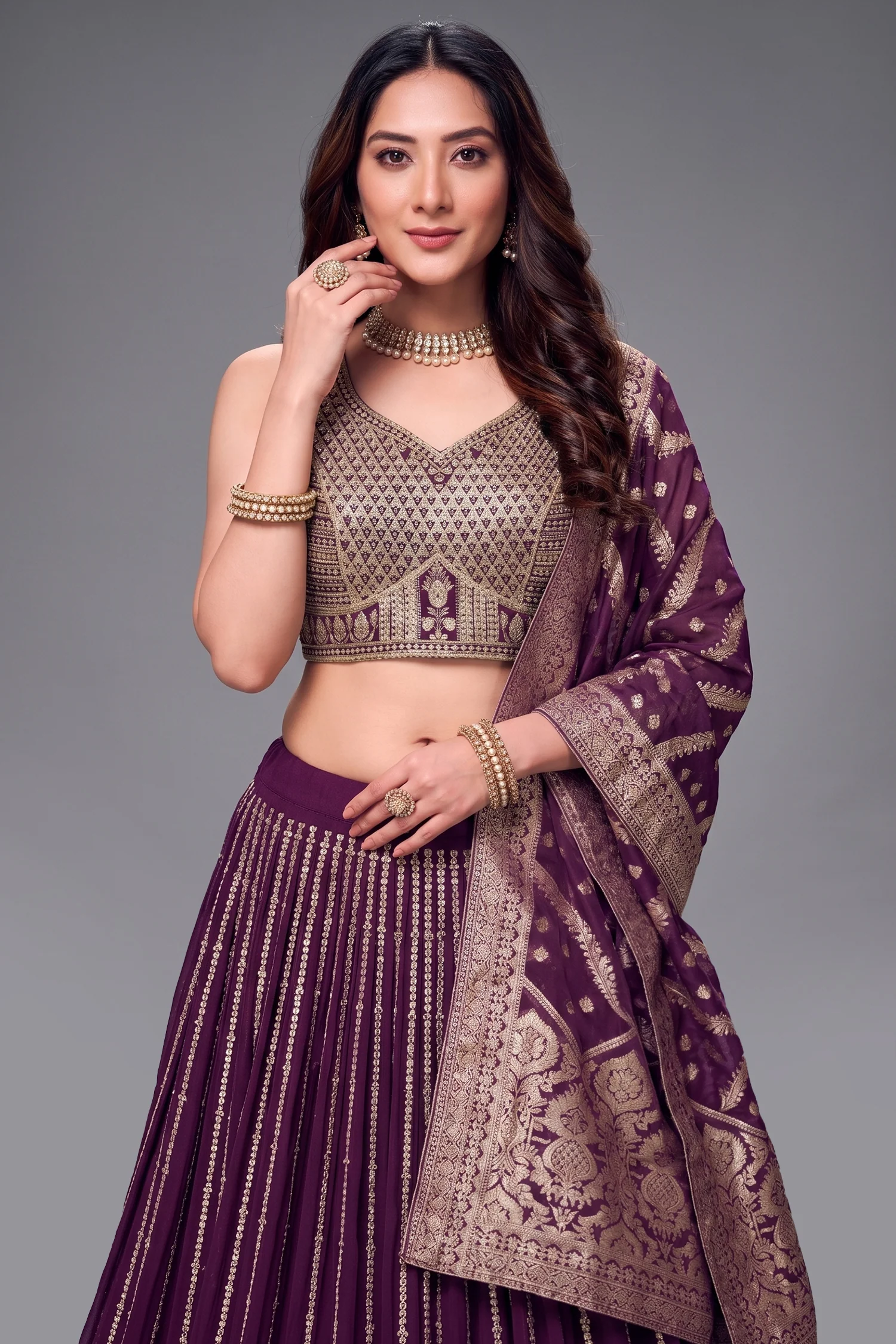 Wine Purple Chinon Sequinned Lehenga - Image 2