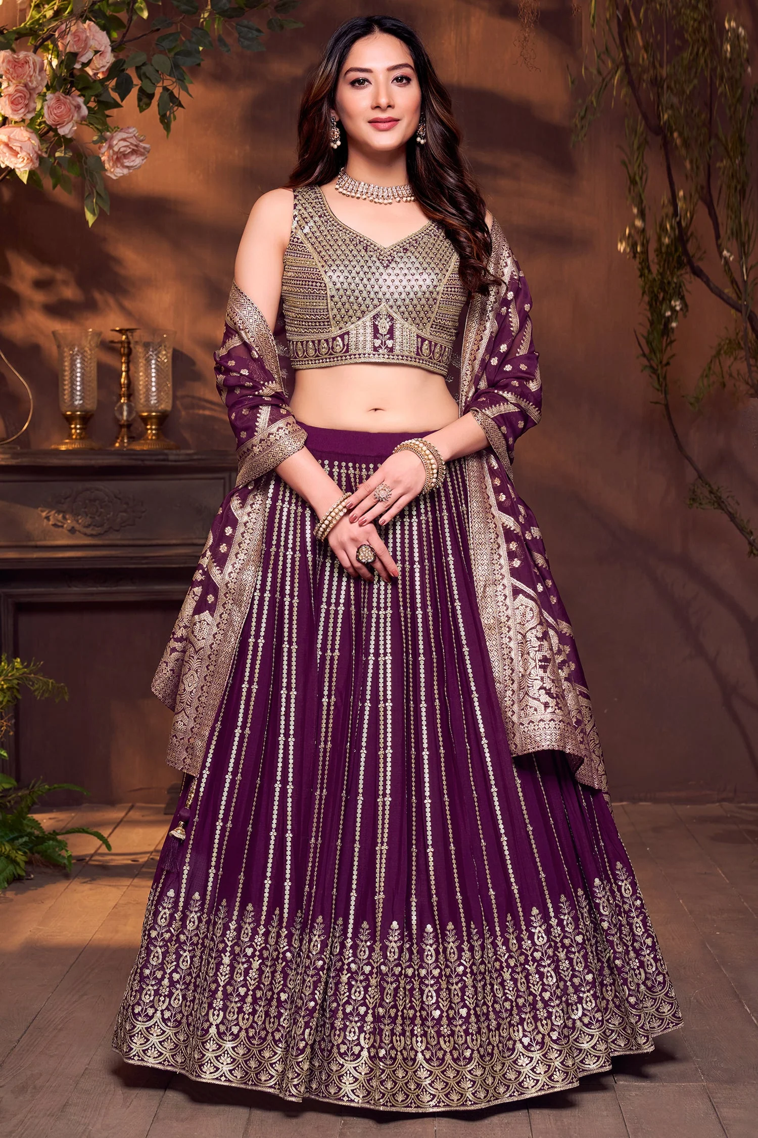 Wine Purple Chinon Sequinned Lehenga - Image 3