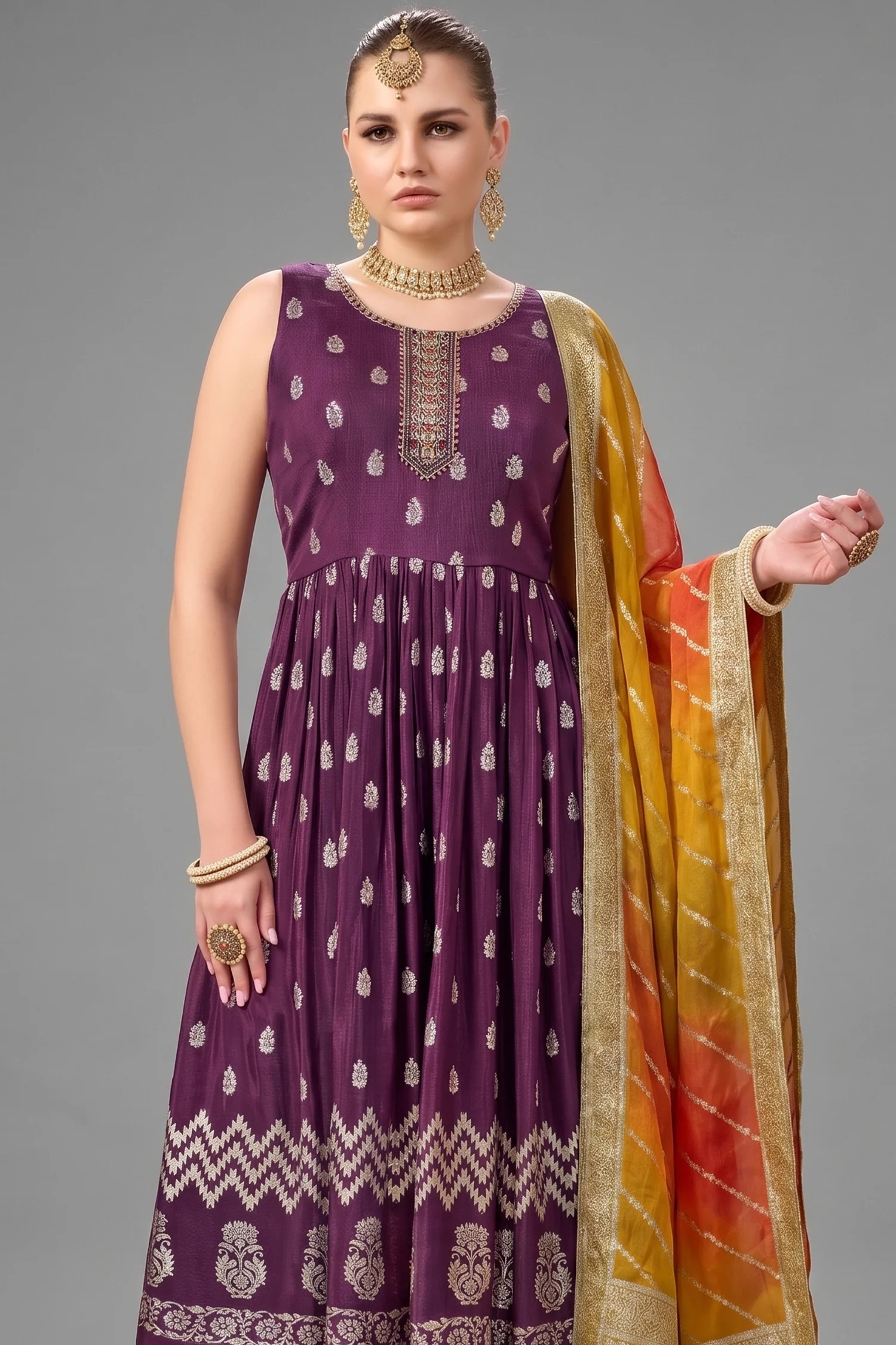 Wine Purple Chinon Woven Anarkali Palazzo Suit - Image 2