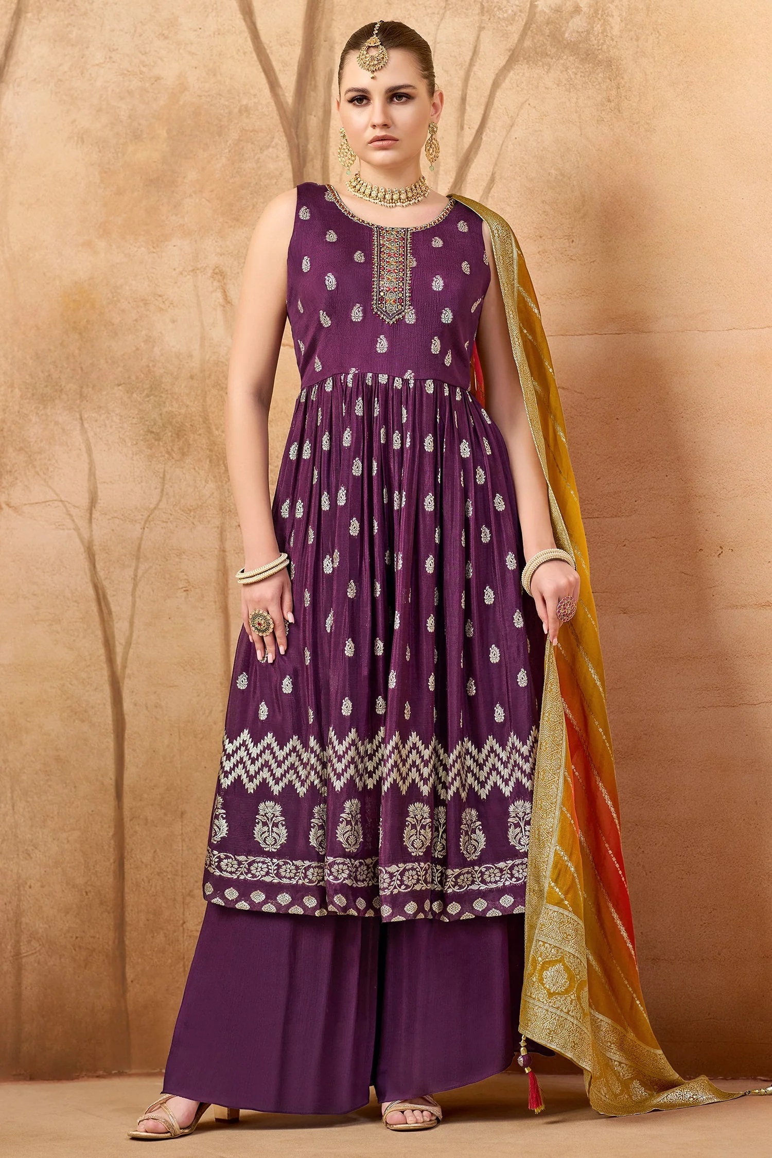 Wine Purple Chinon Woven Anarkali Palazzo Suit - Image 3