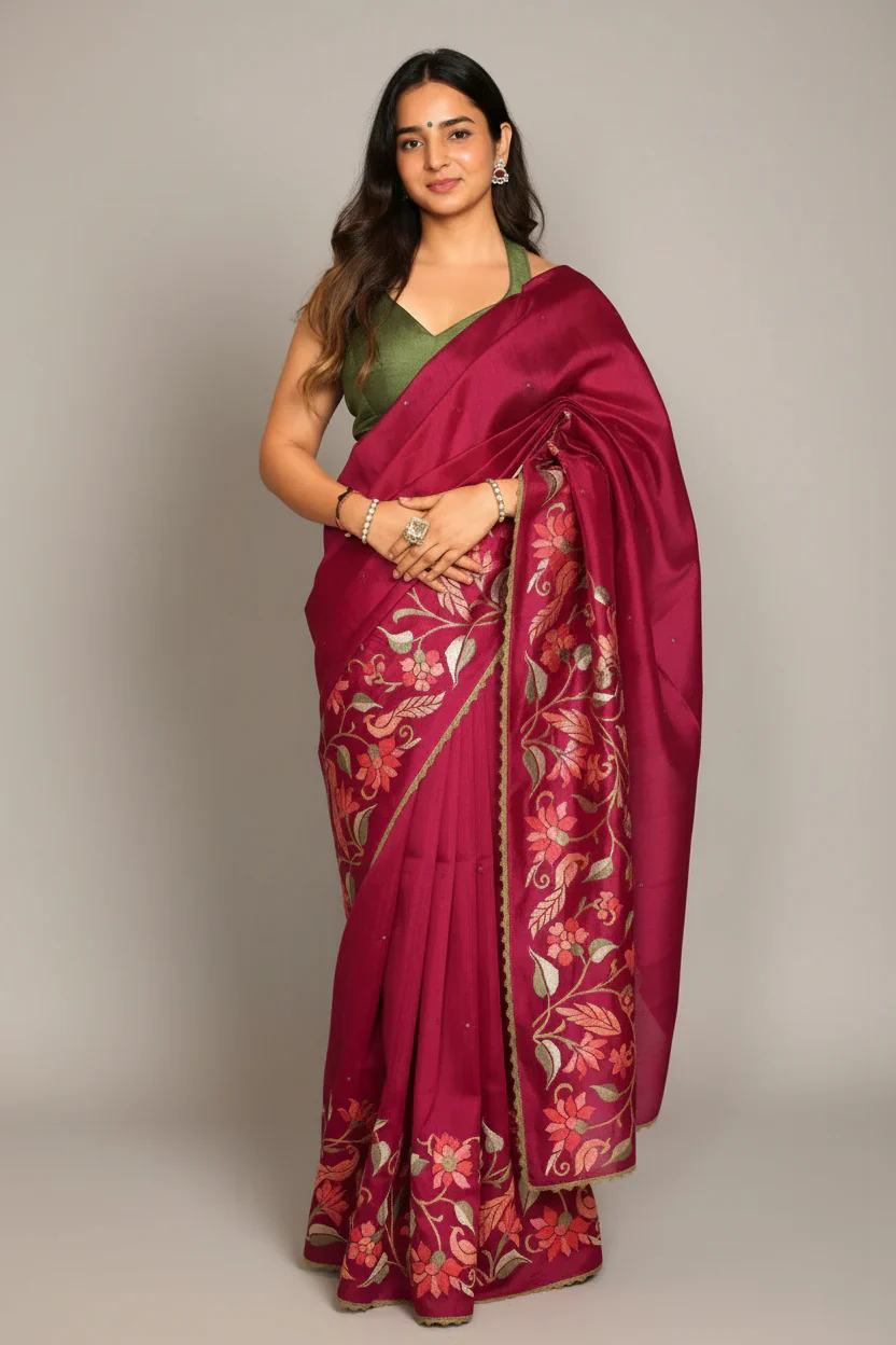 Wine Purple Cotton Silk Floral Thread Embroidered Saree