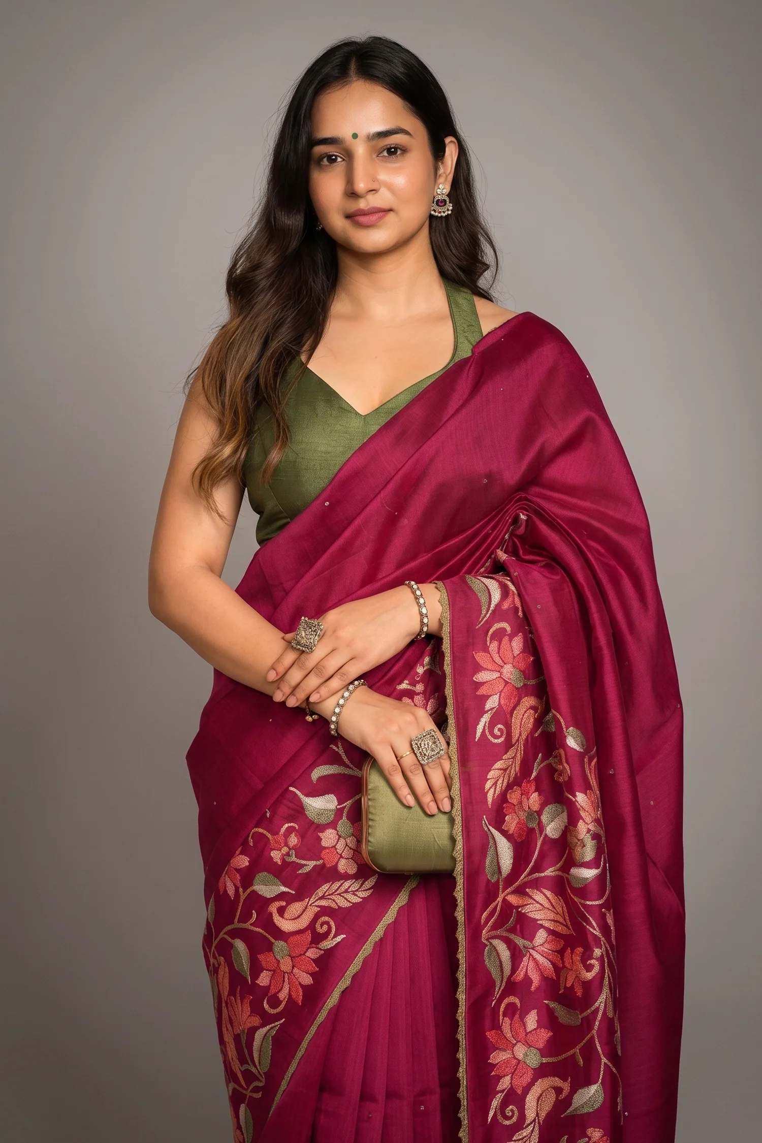 Wine Purple Cotton Silk Floral Thread Embroidered Saree - Image 2