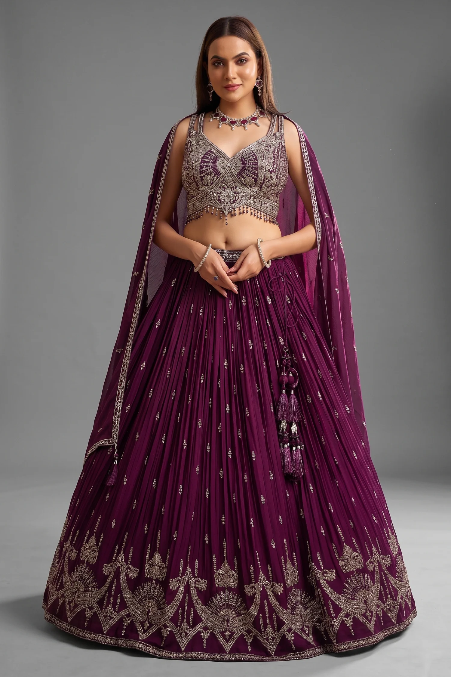 Wine Purple Georgette Sequin Embroidered Pleated Flared Lehenga