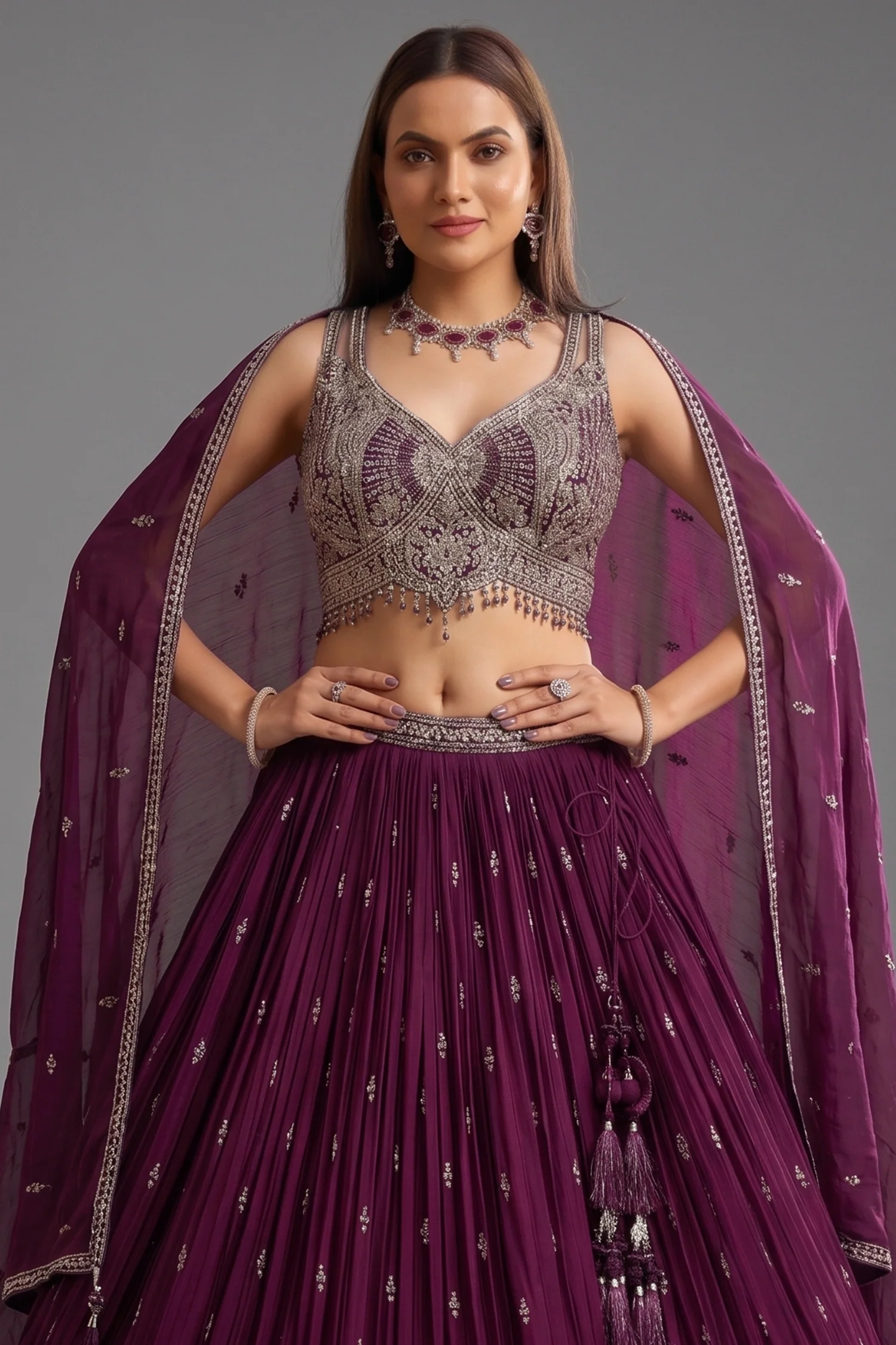 Wine Purple Georgette Sequin Embroidered Pleated Flared Lehenga - Image 2