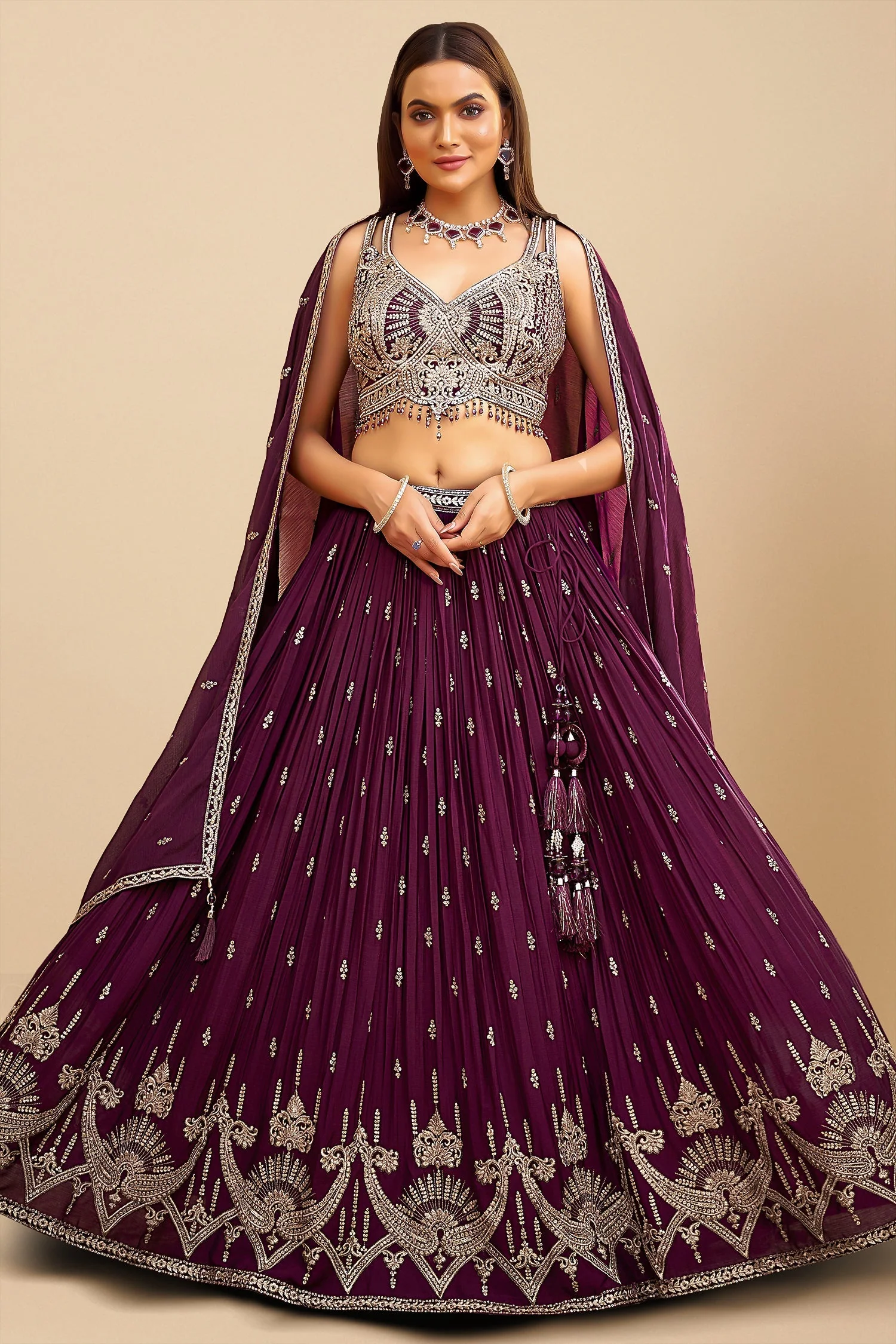 Wine Purple Georgette Sequin Embroidered Pleated Flared Lehenga - Image 3