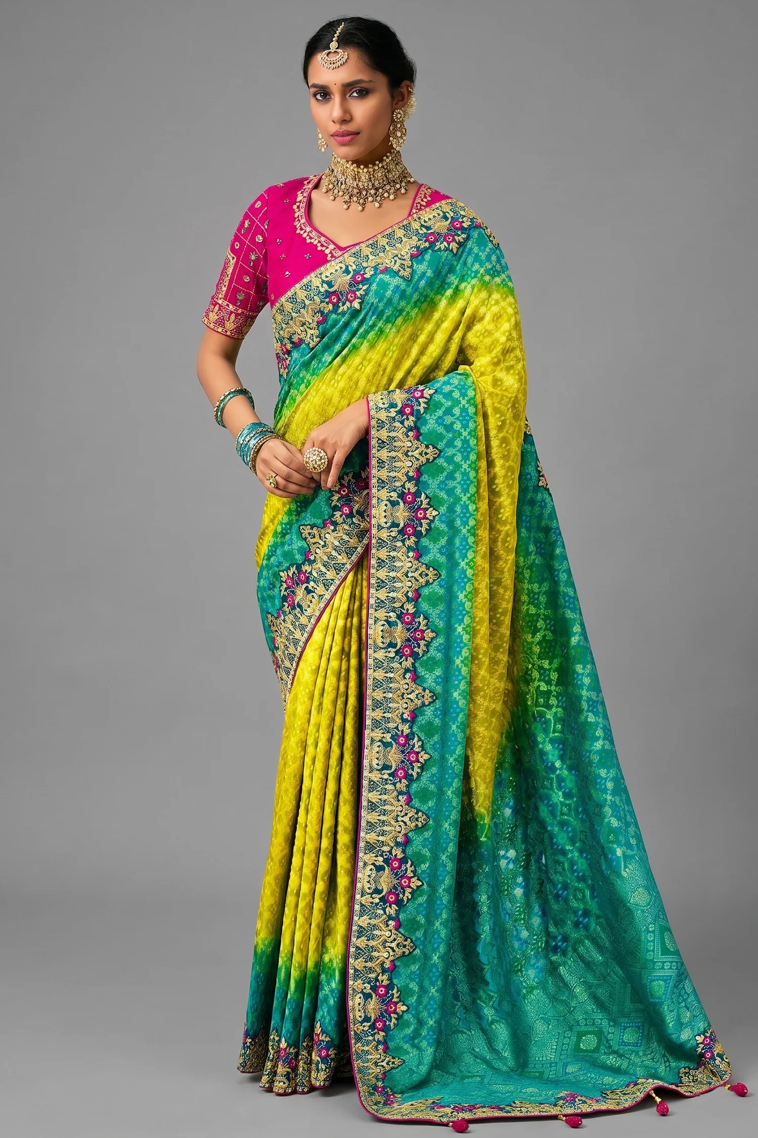 Yellow and Green Georgette Traditional Bandhej Saree