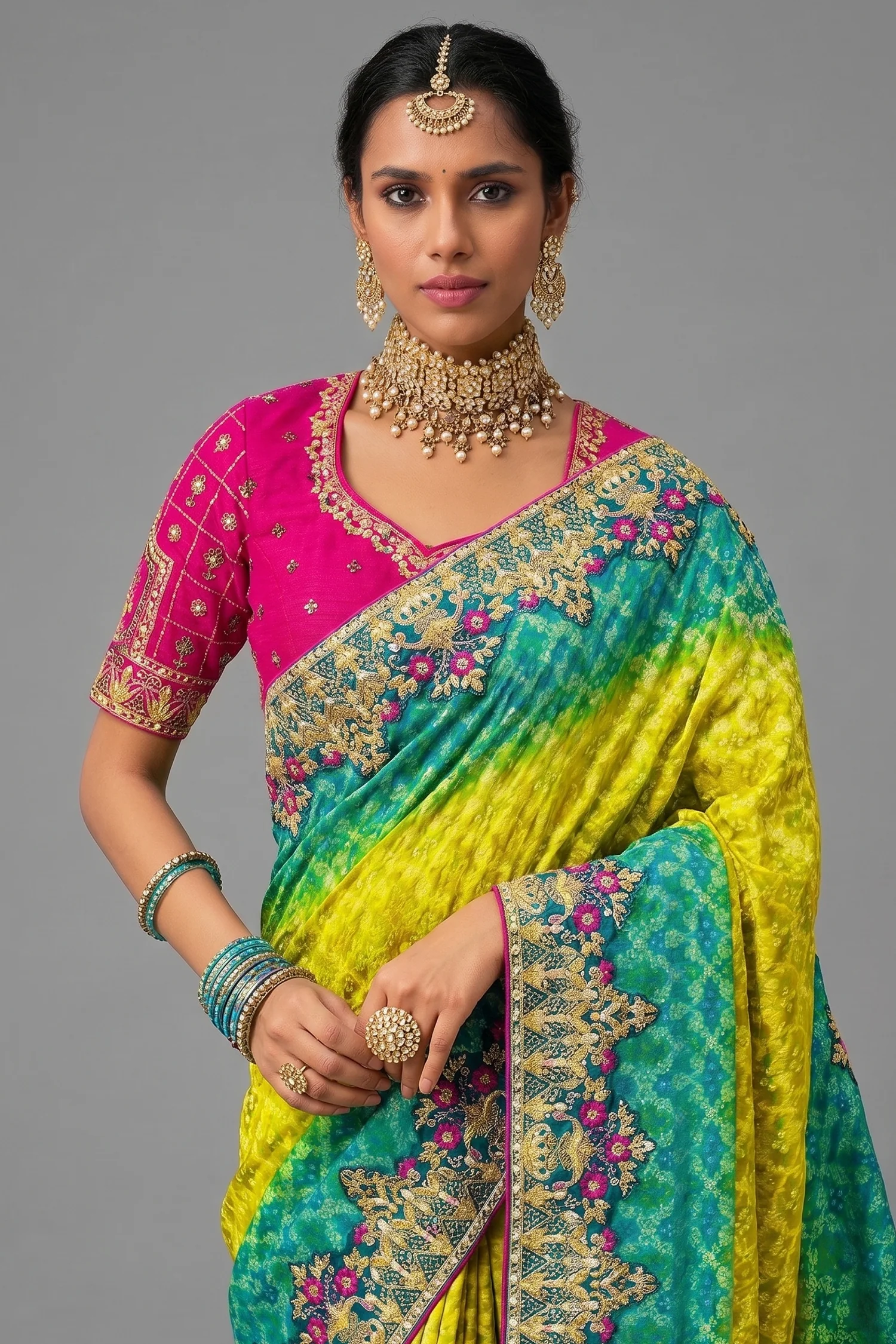 Yellow and Green Georgette Traditional Bandhej Saree - Image 2