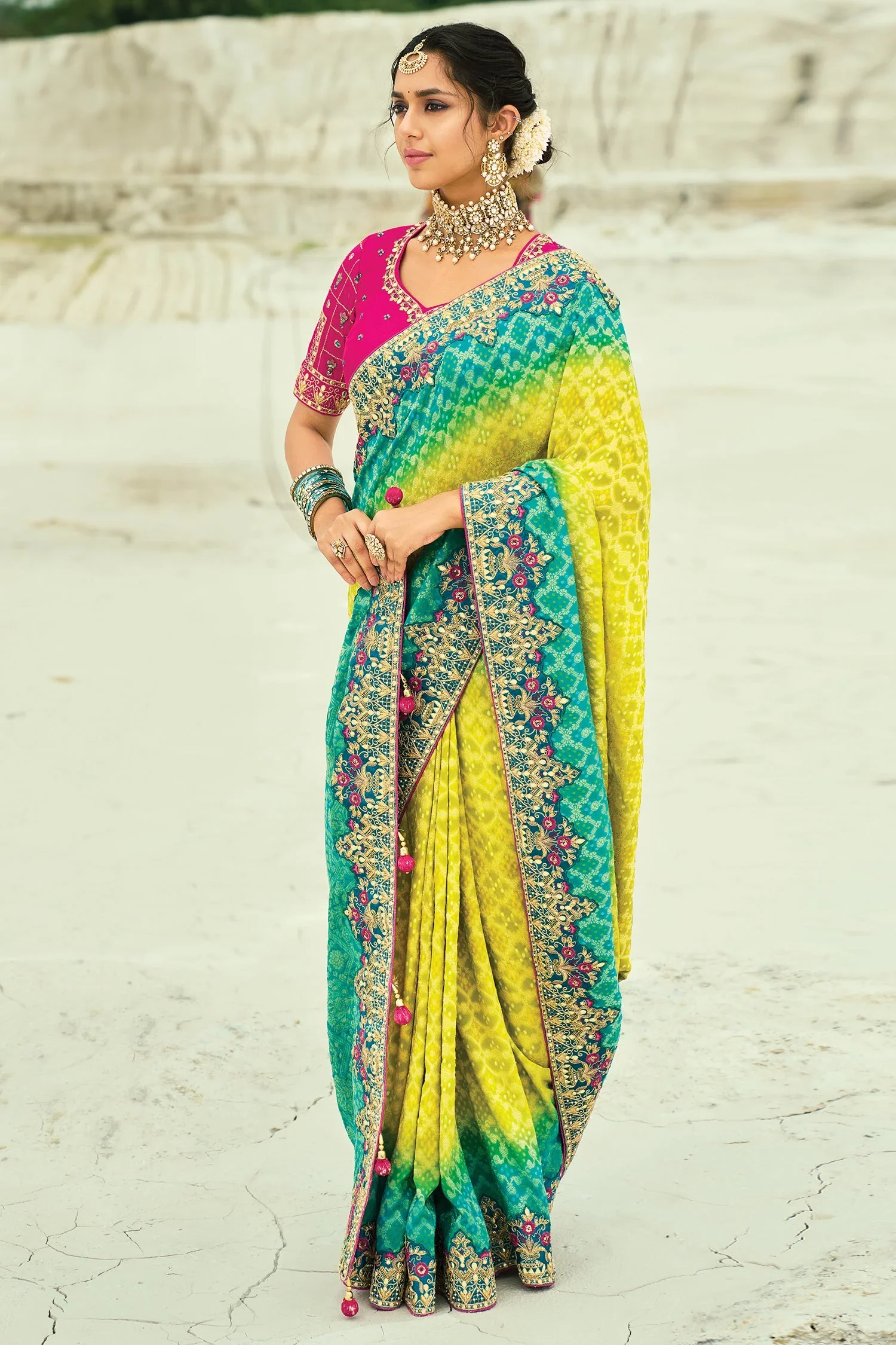 Yellow and Green Georgette Traditional Bandhej Saree - Image 3