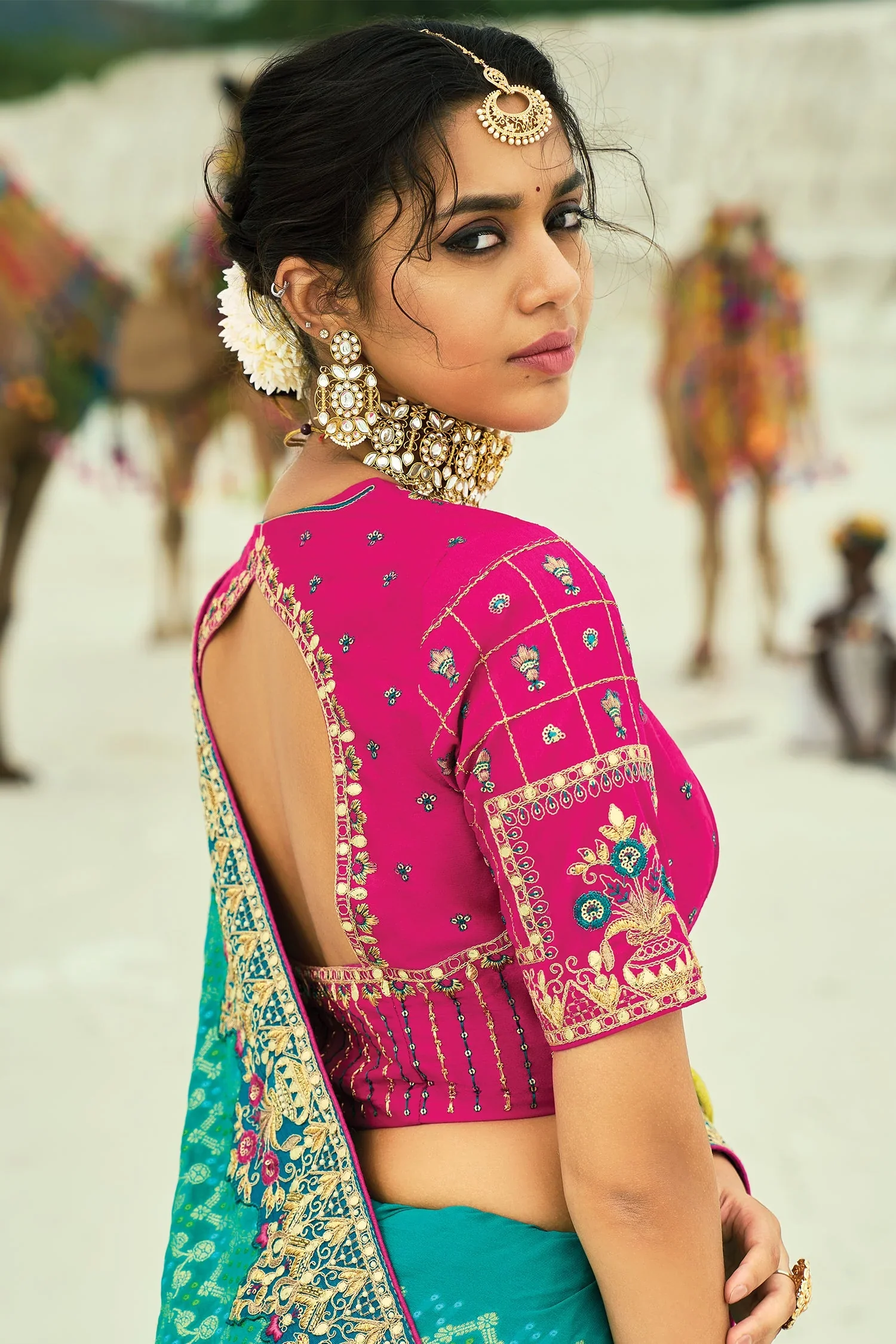 Yellow and Green Georgette Traditional Bandhej Saree - Image 4
