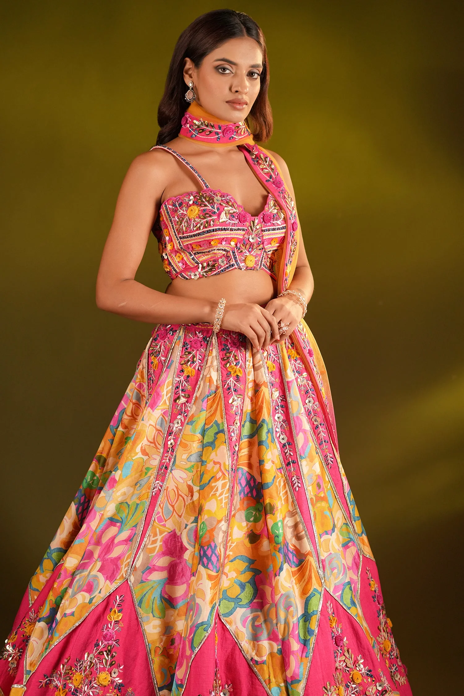 Yellow and Pink Crepe Silk Floral Printed and Embroidered Designer Lehenga - Image 3