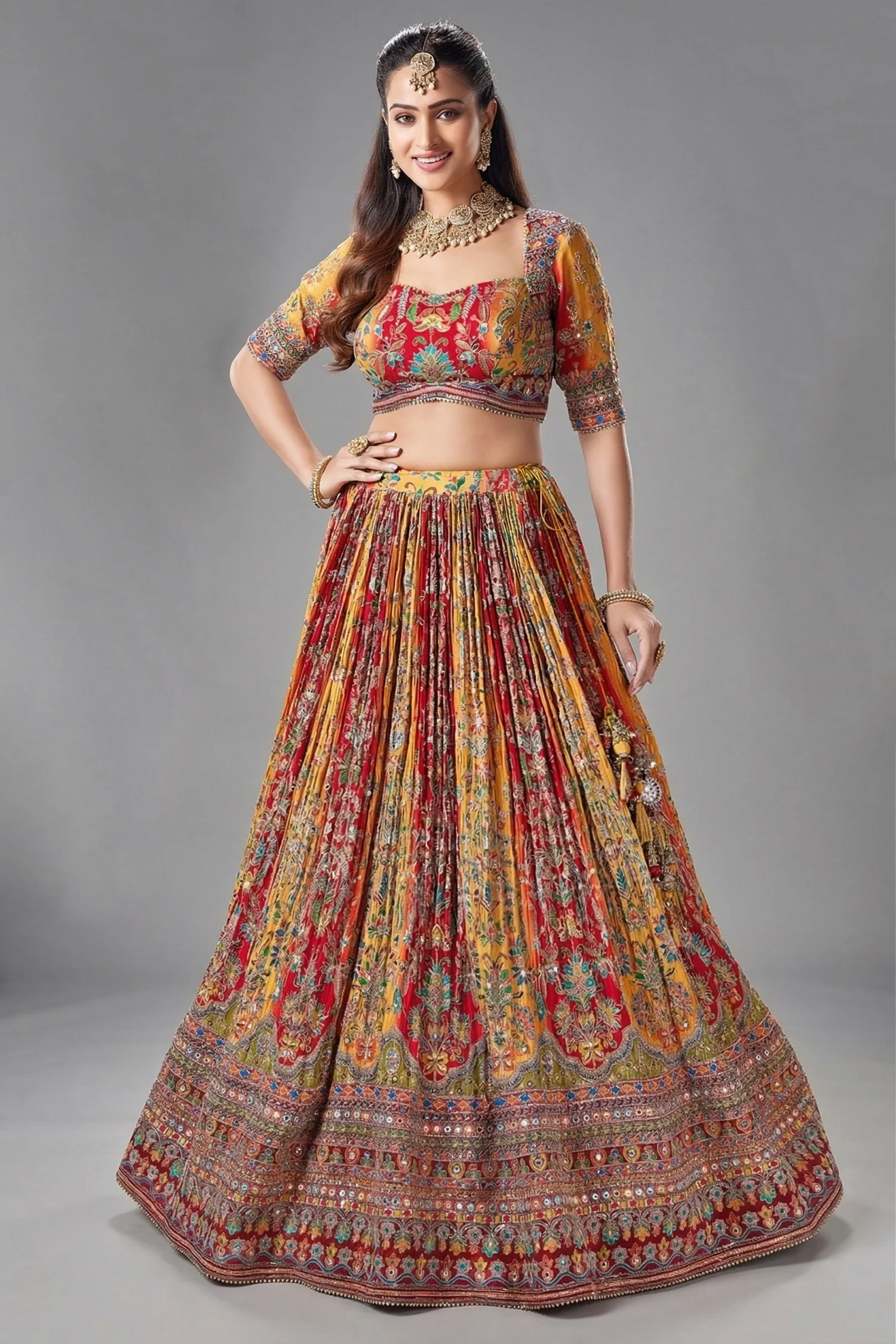 Yellow and Red Crepe Silk Printed Lehenga