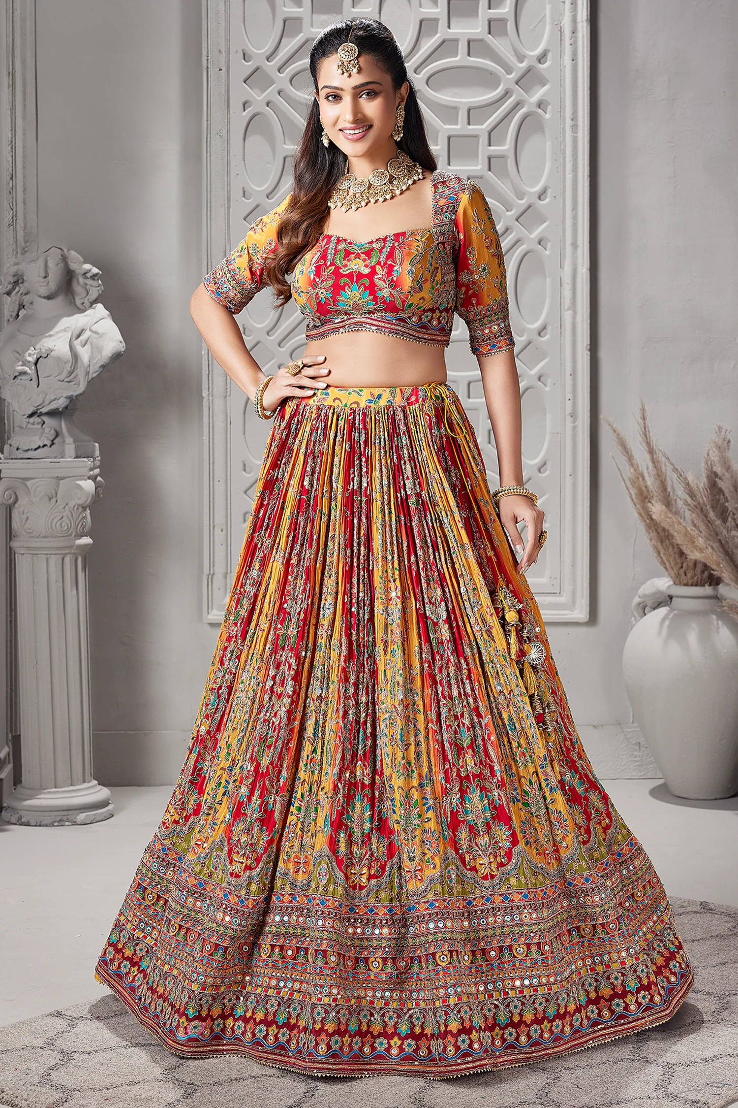 Yellow and Red Crepe Silk Printed Lehenga - Image 3