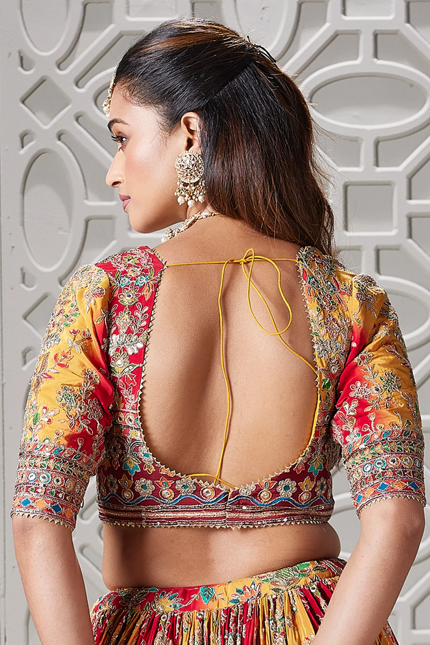 Yellow and Red Crepe Silk Printed Lehenga - Image 4
