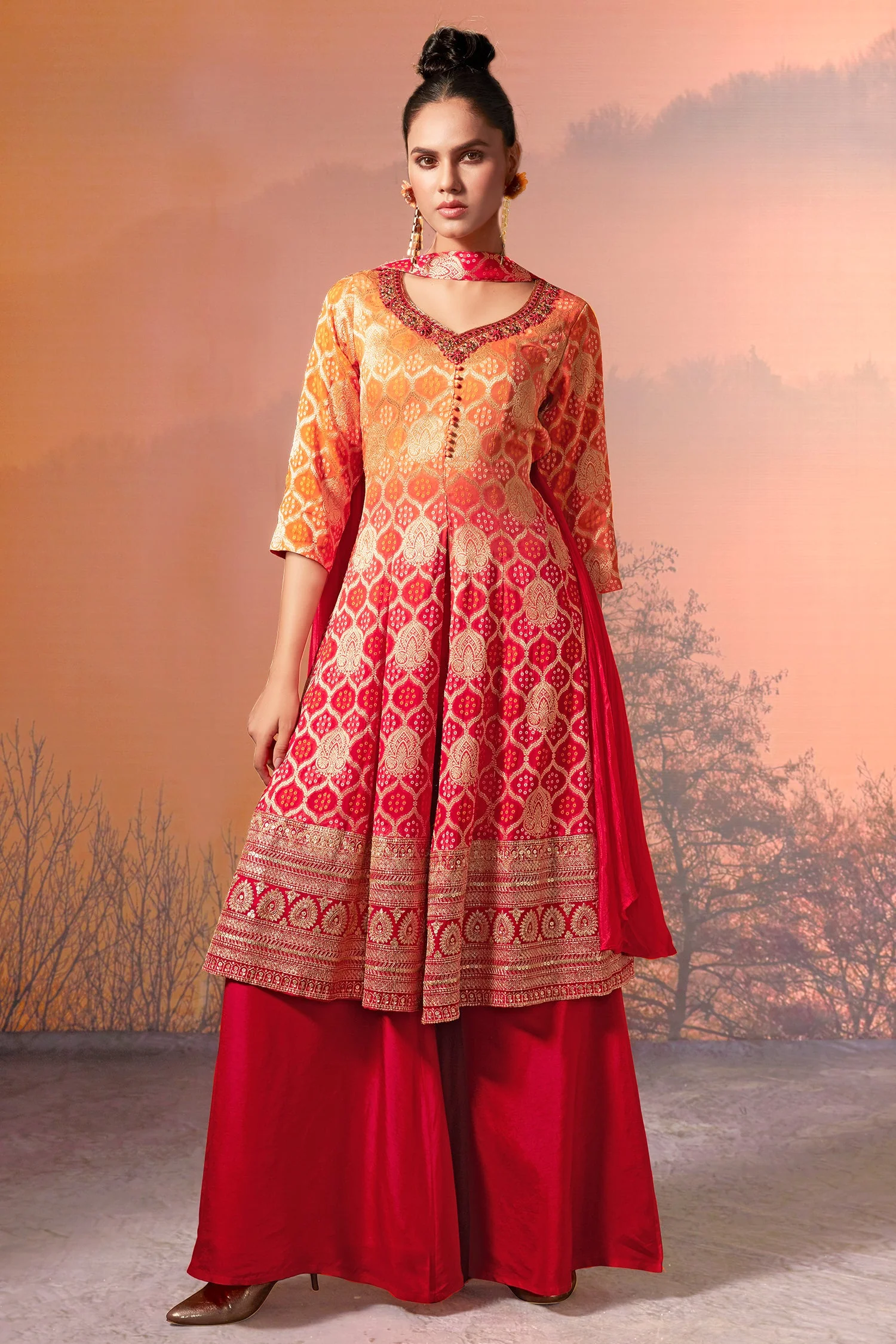 Yellow and Red Georgette Bandhej Woven Palazzo Suit - Image 2